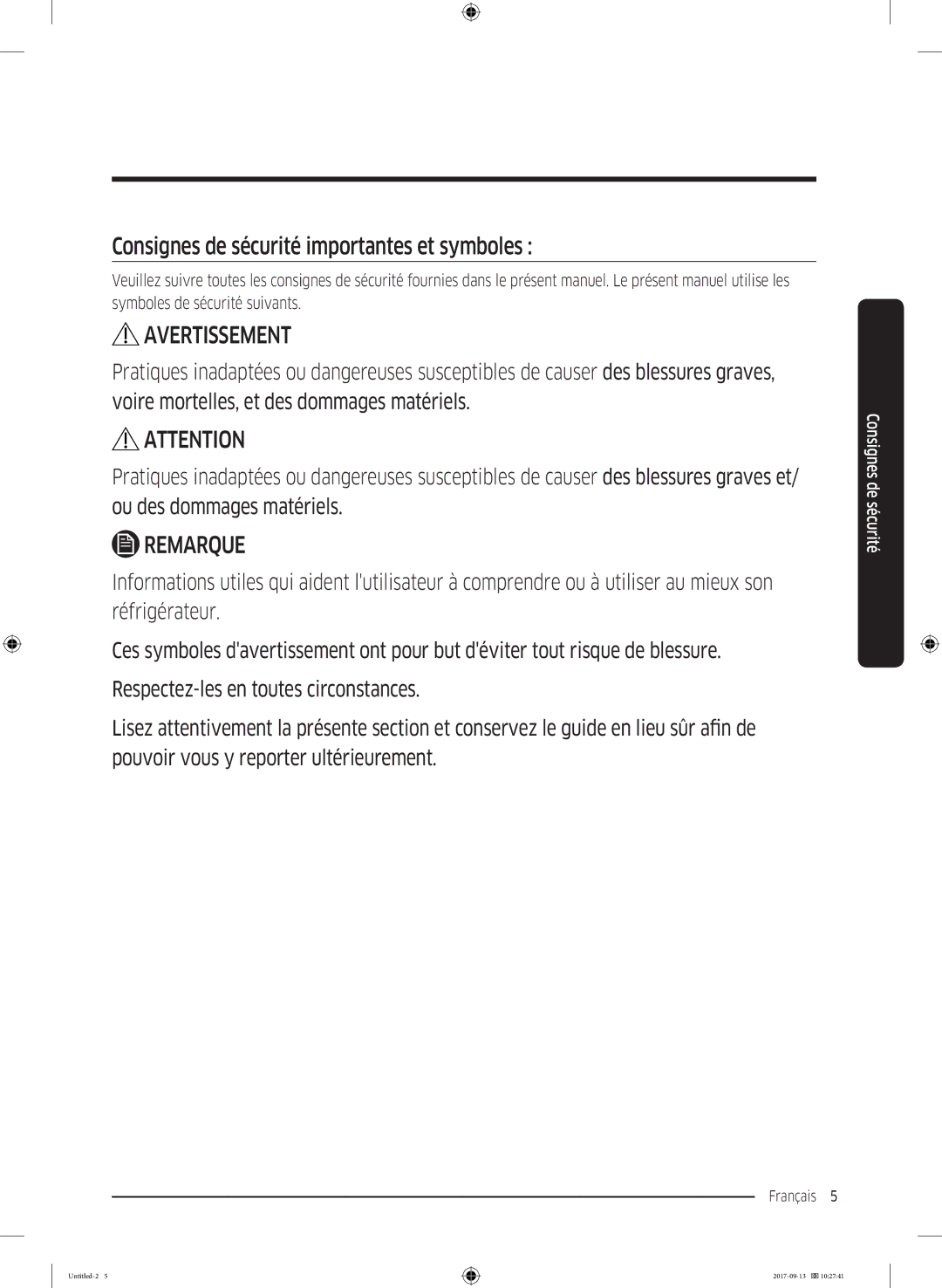 Samsung RS62K6227SL/ZA manual Consignes de sécurité importantes et symboles, Avertissement 