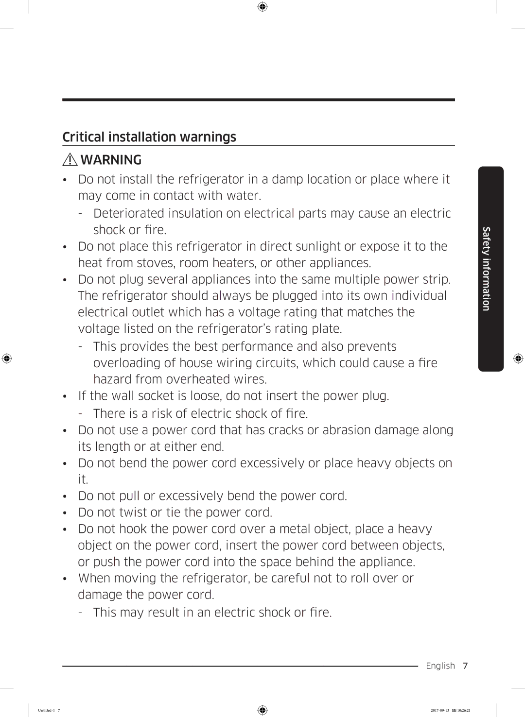 Samsung RS62K6227SL/ZA manual Critical installation warnings 