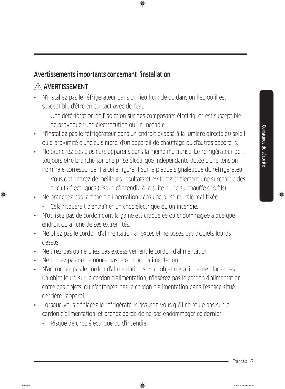 Samsung RS62K6227SL/ZA manual Avertissements importants concernant linstallation 