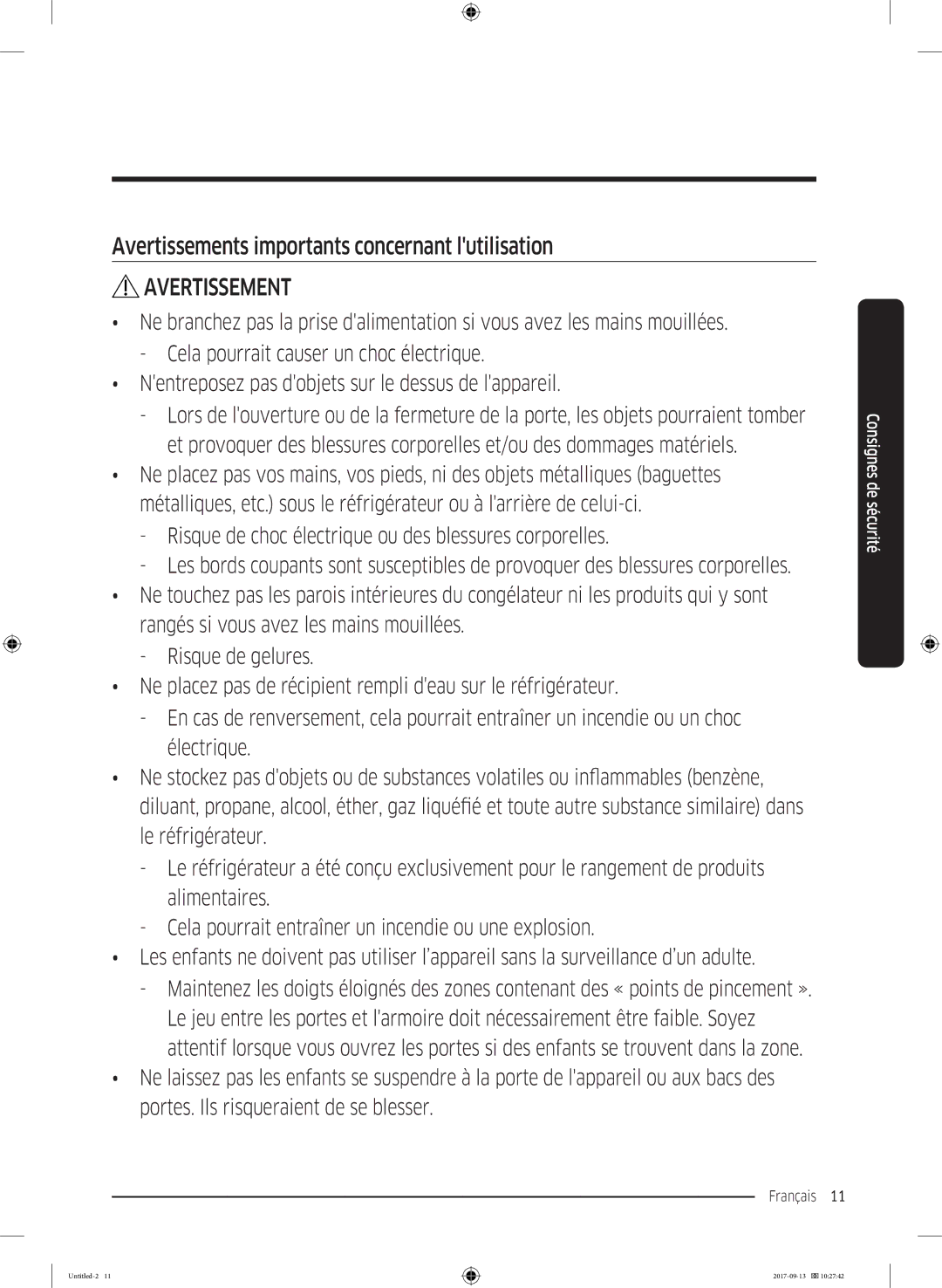 Samsung RS62K6227SL/ZA manual Avertissements importants concernant lutilisation 