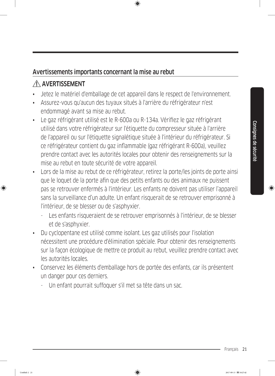 Samsung RS62K6227SL/ZA manual Avertissements importants concernant la mise au rebut 