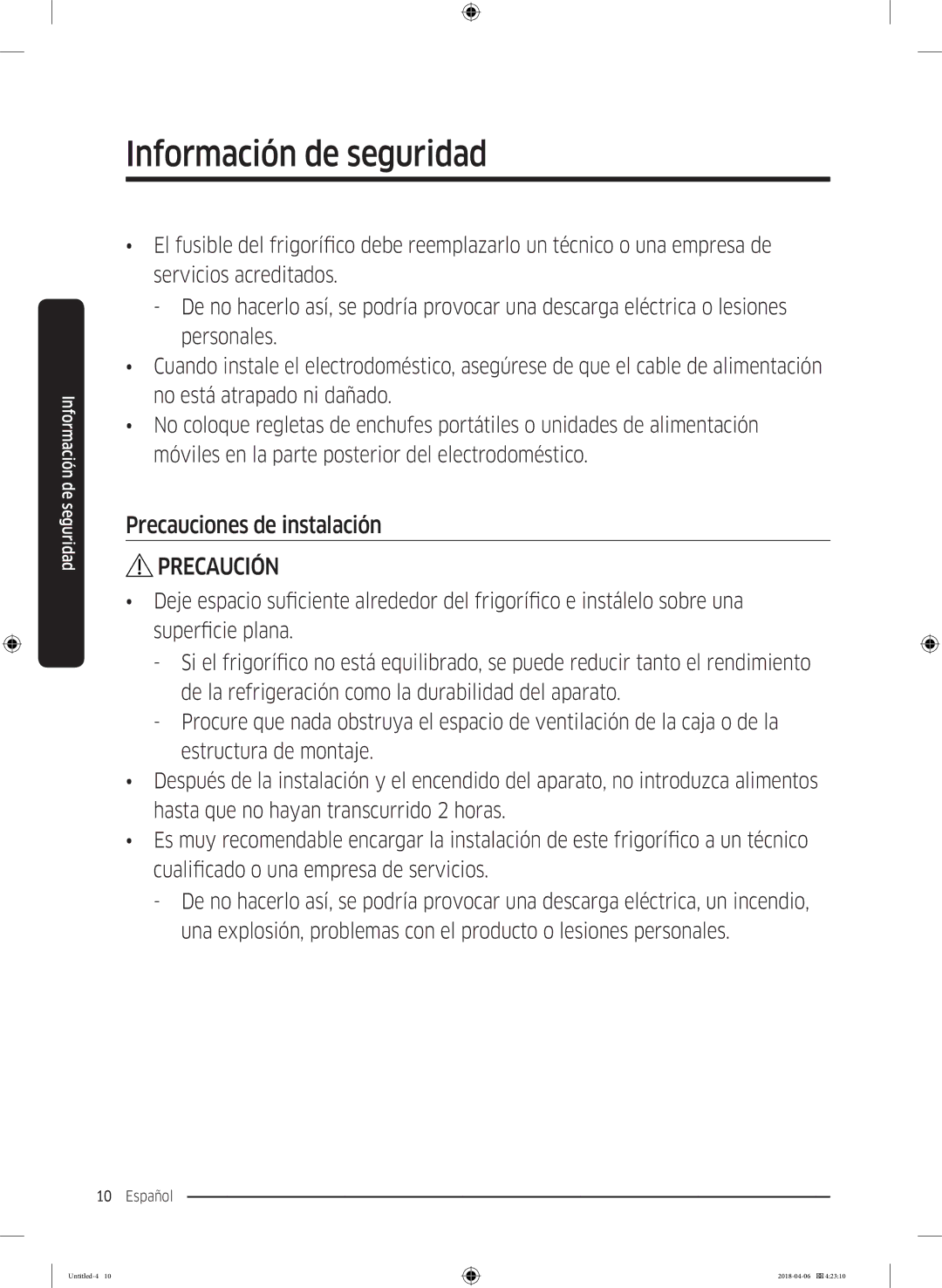 Samsung RS68N8241S9/EF, RS66N8100S9/EF, RS67N8211S9/EF, RS66N8101S9/EF, RS68N8231S9/EF manual Precauciones de instalación 