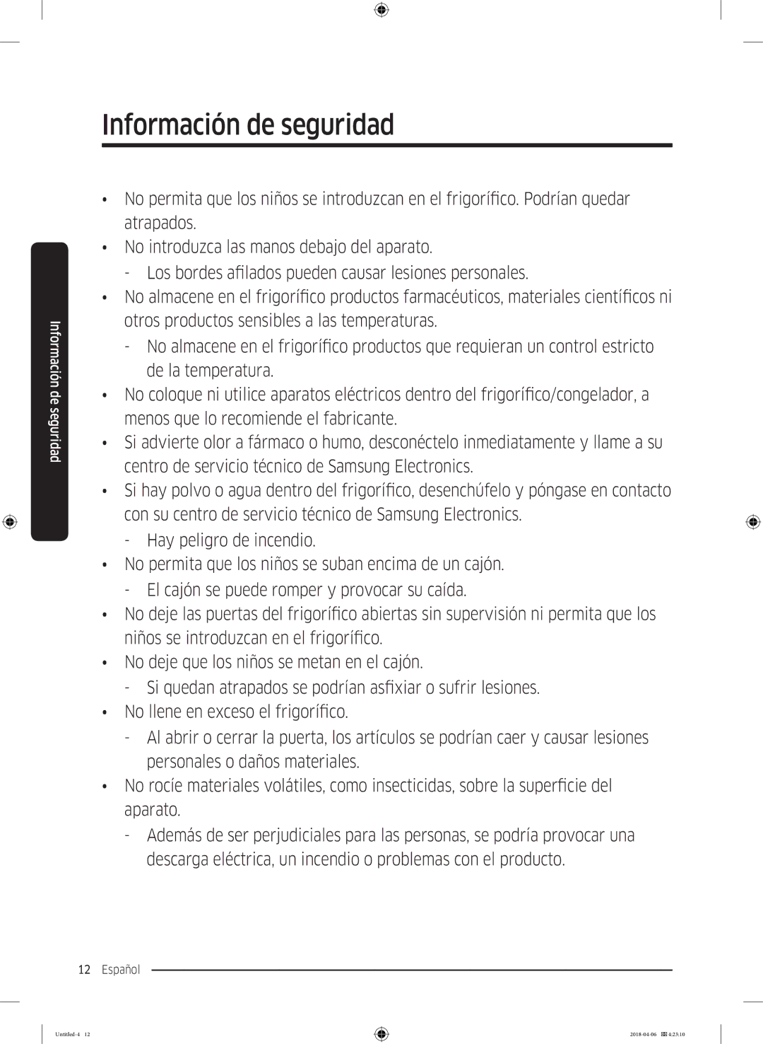 Samsung RS66N8100S9/EF, RS67N8211S9/EF, RS66N8101S9/EF, RS68N8231S9/EF, RS68N8241S9/EF manual Información de seguridad 