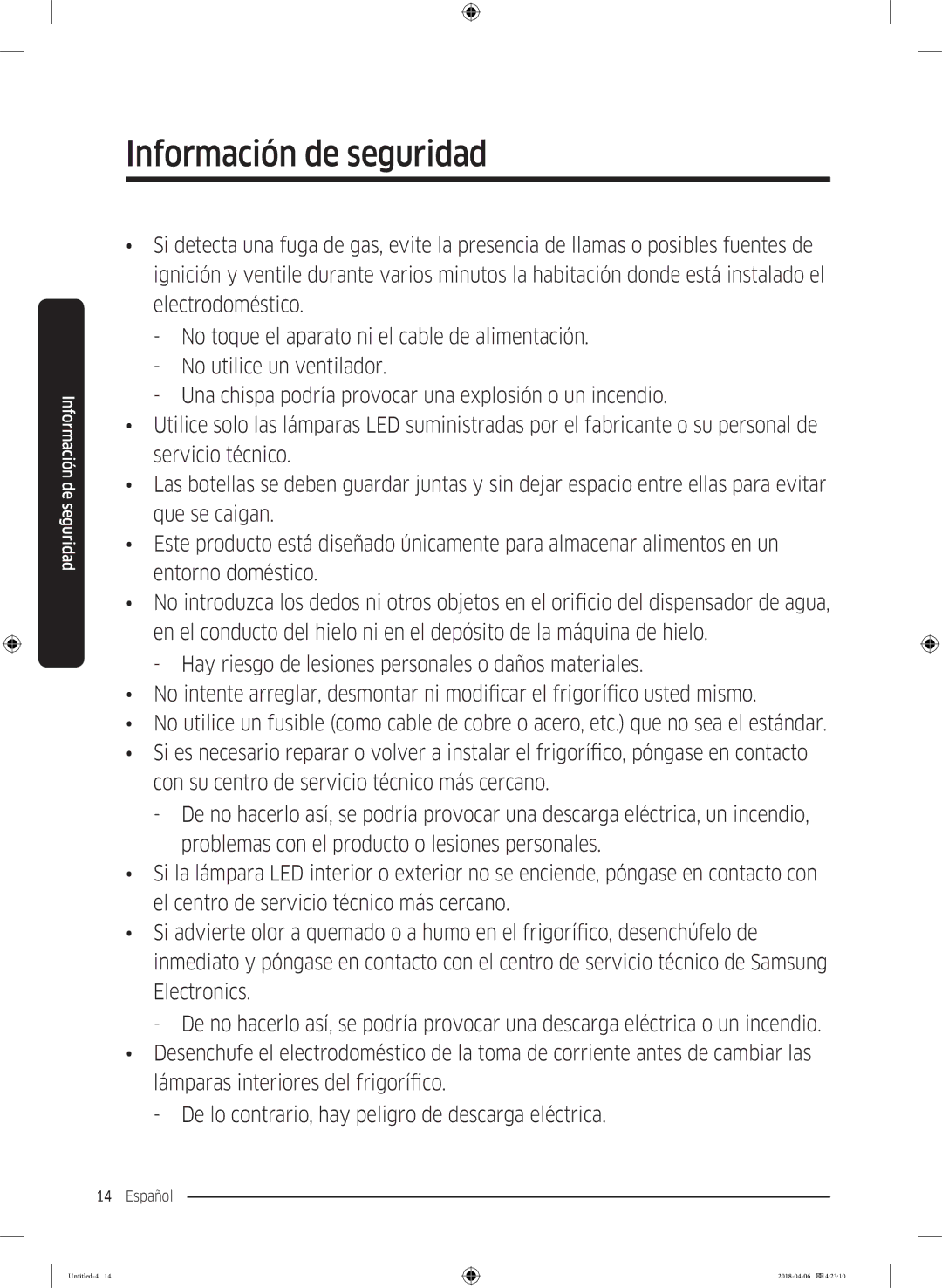 Samsung RS66N8101S9/EF, RS66N8100S9/EF, RS67N8211S9/EF, RS68N8231S9/EF, RS68N8241S9/EF manual Información de seguridad 