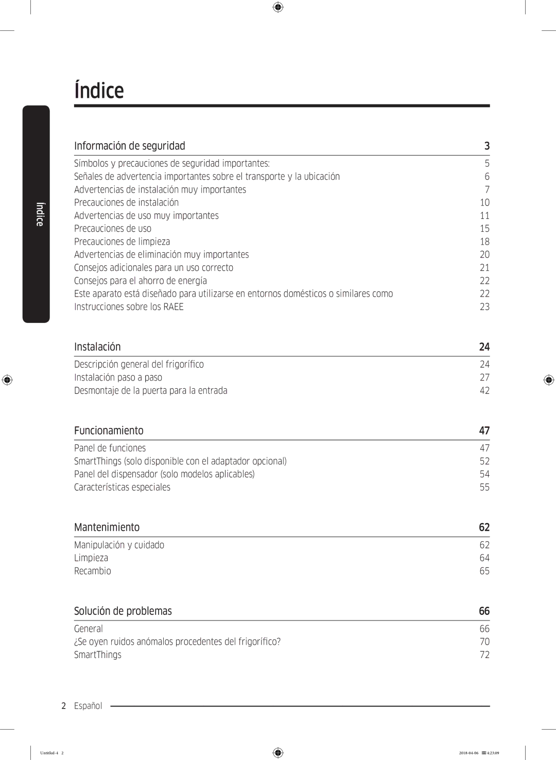 Samsung RS66N8101S9/EF manual Información de seguridad, Instalación, Funcionamiento, Mantenimiento, Solución de problemas 