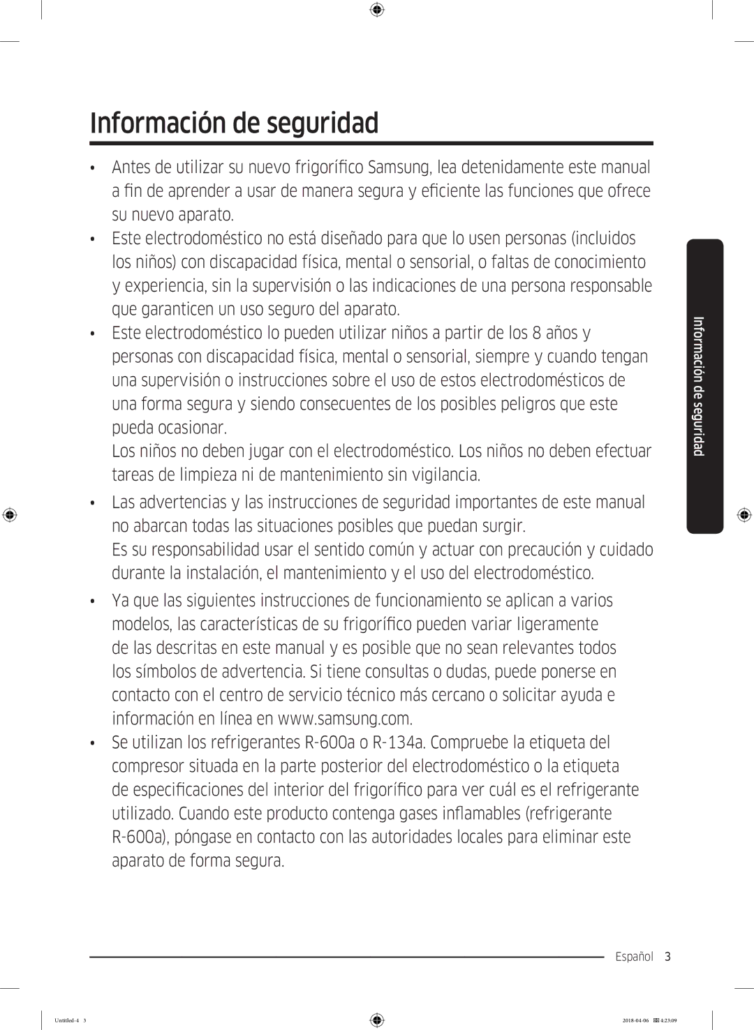 Samsung RS68N8231S9/EF, RS66N8100S9/EF, RS67N8211S9/EF, RS66N8101S9/EF, RS68N8241S9/EF manual Información de seguridad 