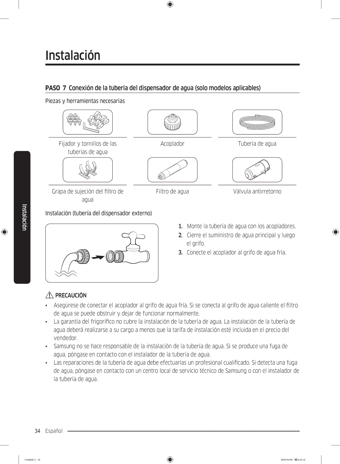 Samsung RS68N8241S9/EF, RS66N8100S9/EF Piezas y herramientas necesarias, Acoplador, Filtro de agua Válvula antirretorno 