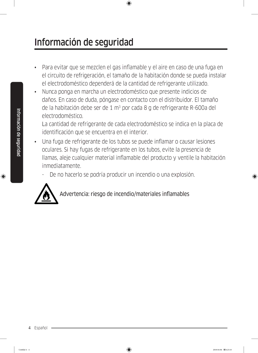 Samsung RS68N8241S9/EF, RS66N8100S9/EF, RS67N8211S9/EF, RS66N8101S9/EF, RS68N8231S9/EF manual Información de seguridad 