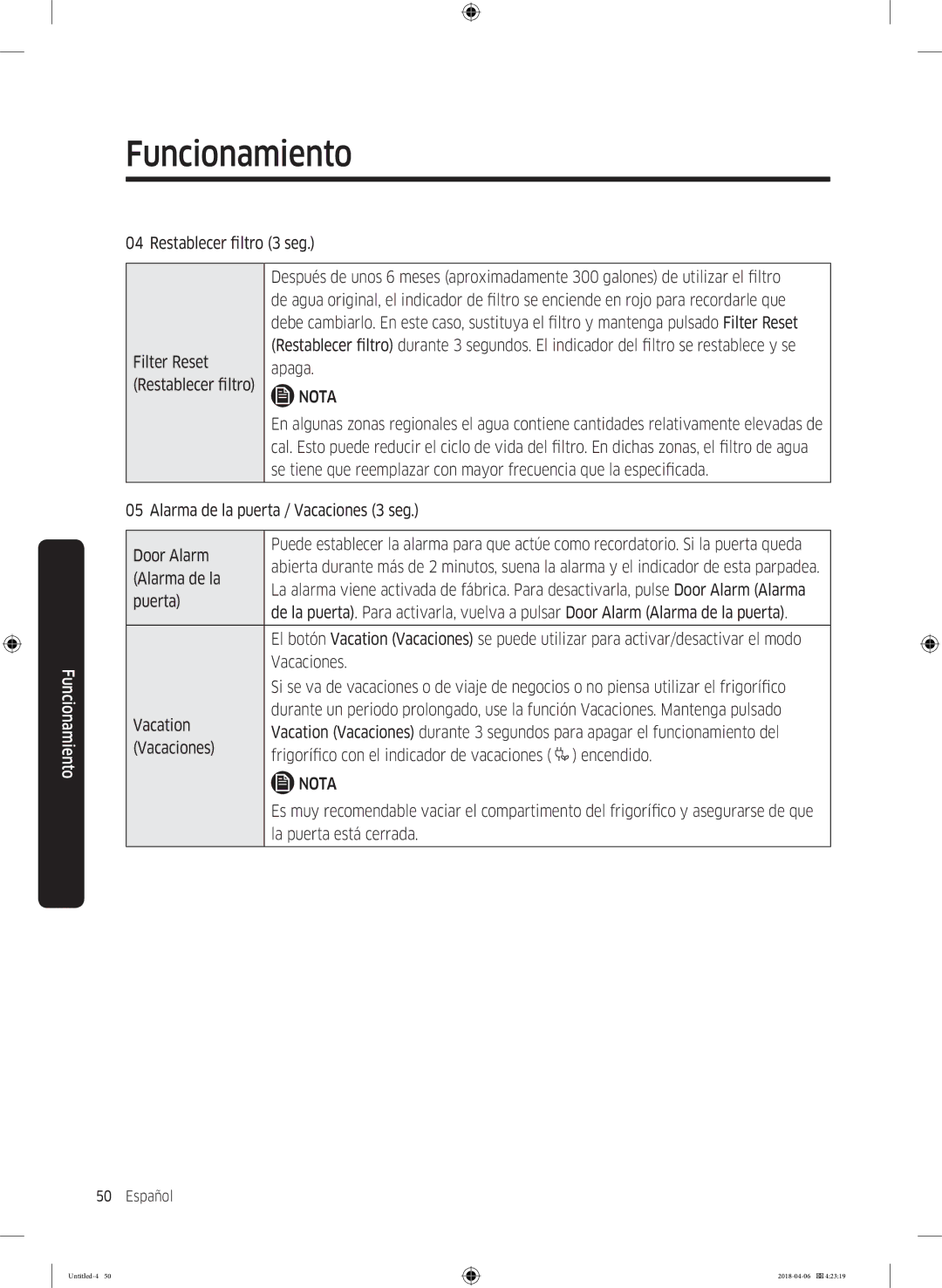 Samsung RS66N8101S9/EF, RS66N8100S9/EF Restablecer filtro 3 seg, Alarma de la puerta / Vacaciones 3 seg Door Alarm, Puerta 