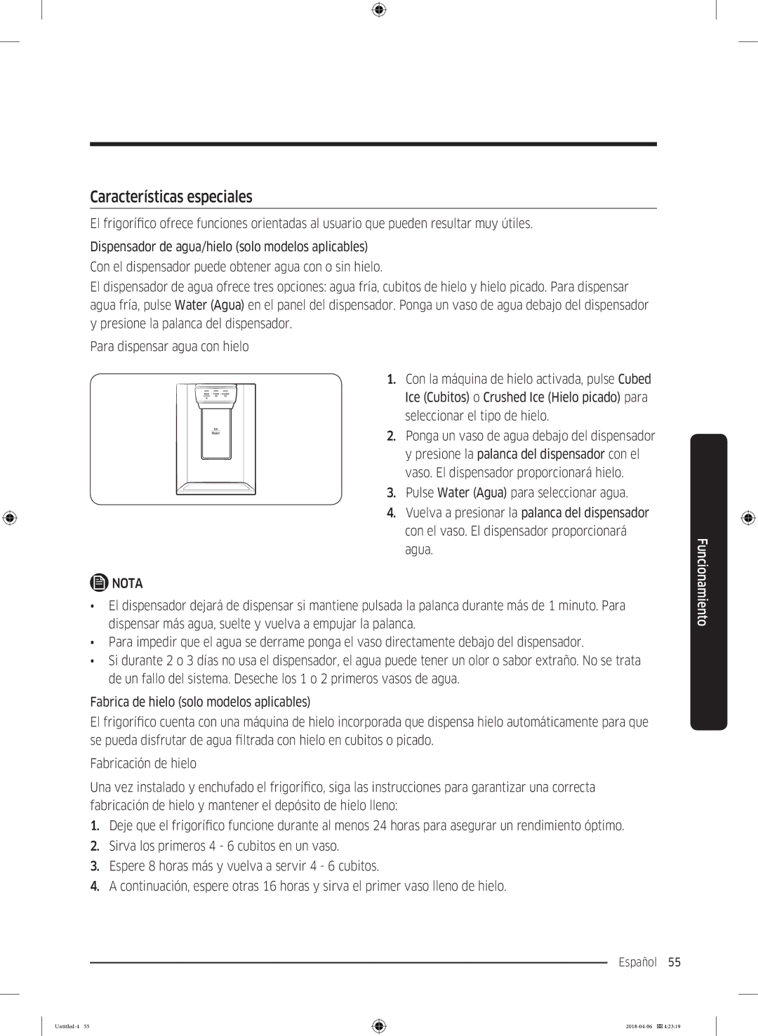 Samsung RS67N8211S9/EF manual Características especiales, Picado Fabricación de hielo, Para Garantizar una correcta 