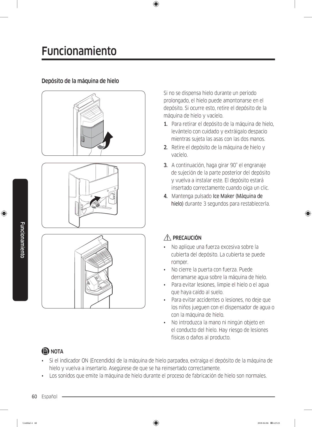 Samsung RS66N8100S9/EF manual Depósito de la máquina de hielo, Retire el depósito de la máquina de hielo y vacíelo 