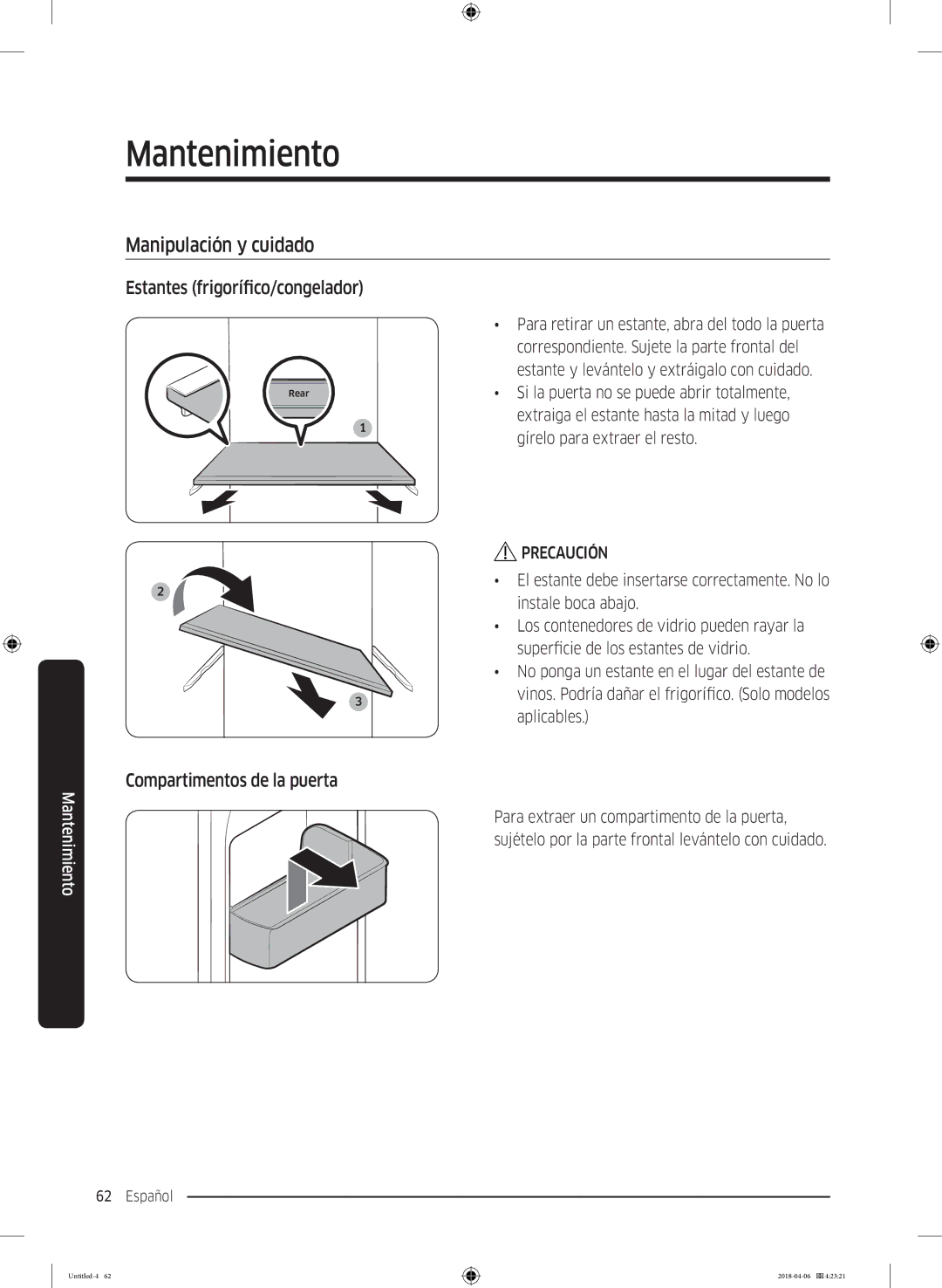 Samsung RS66N8101S9/EF manual Manipulación y cuidado, Estantes frigorífico/congelador, Compartimentos de la puerta 