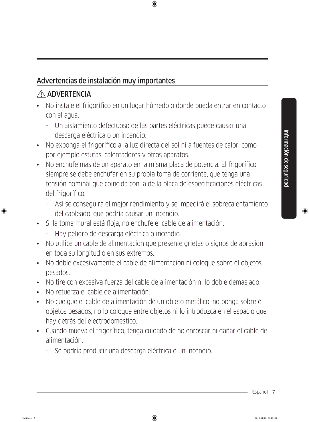 Samsung RS67N8211S9/EF, RS66N8100S9/EF, RS66N8101S9/EF, RS68N8231S9/EF manual Advertencias de instalación muy importantes 