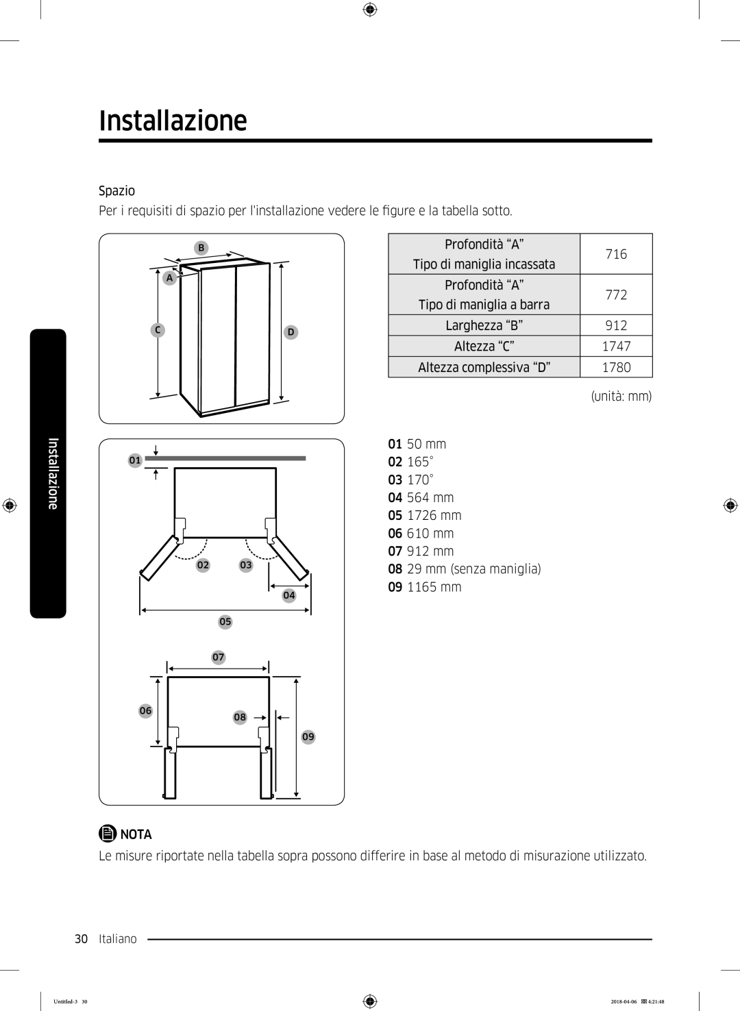 Samsung RS67N8210S9/EF, RS67N8211S9/EF, RS66N8101S9/EF manual Profondità a 716 