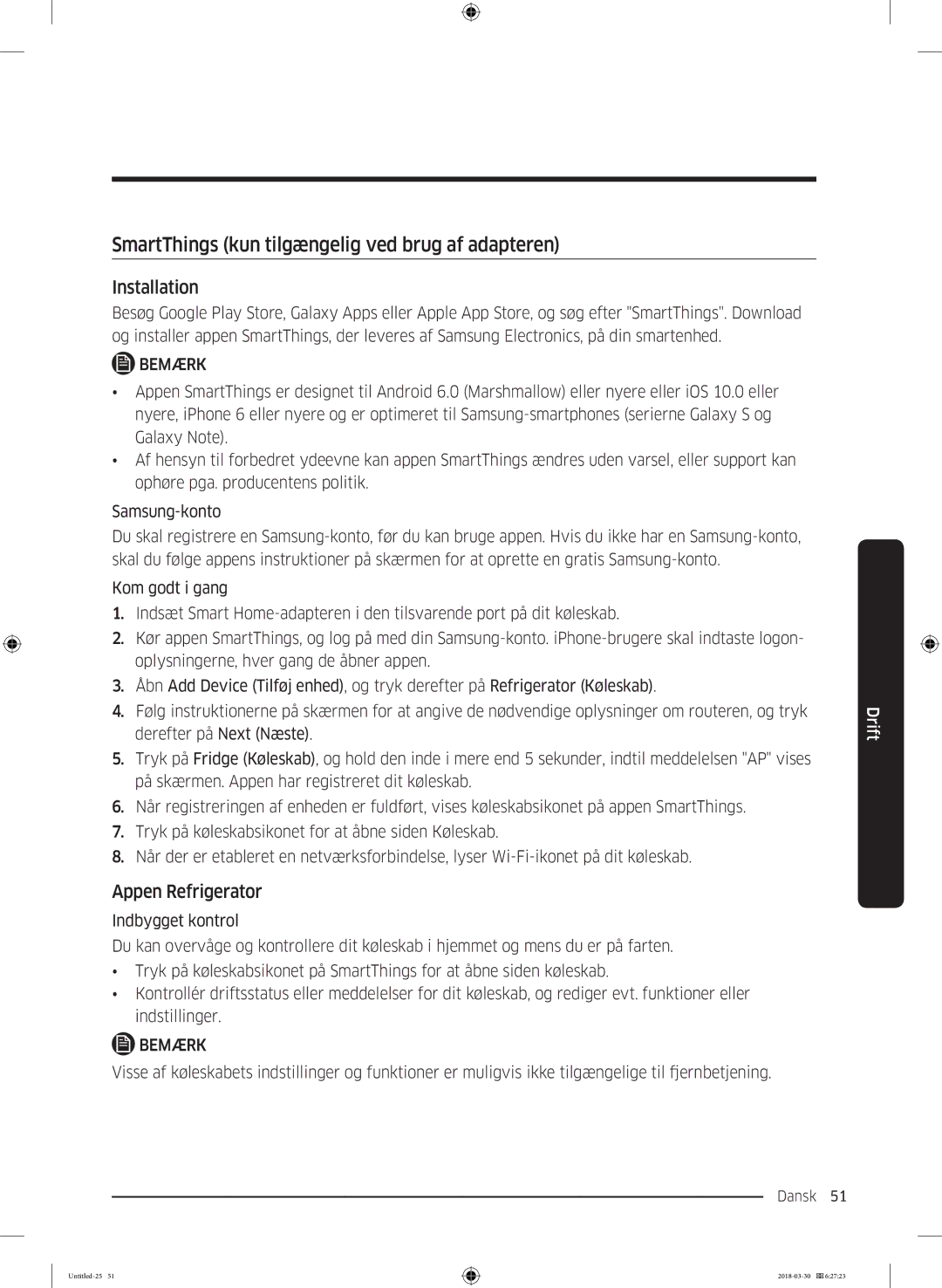 Samsung RS68N8231WW/EF, RS67N8210WW/EF manual SmartThings kun tilgængelig ved brug af adapteren, Appen Refrigerator 