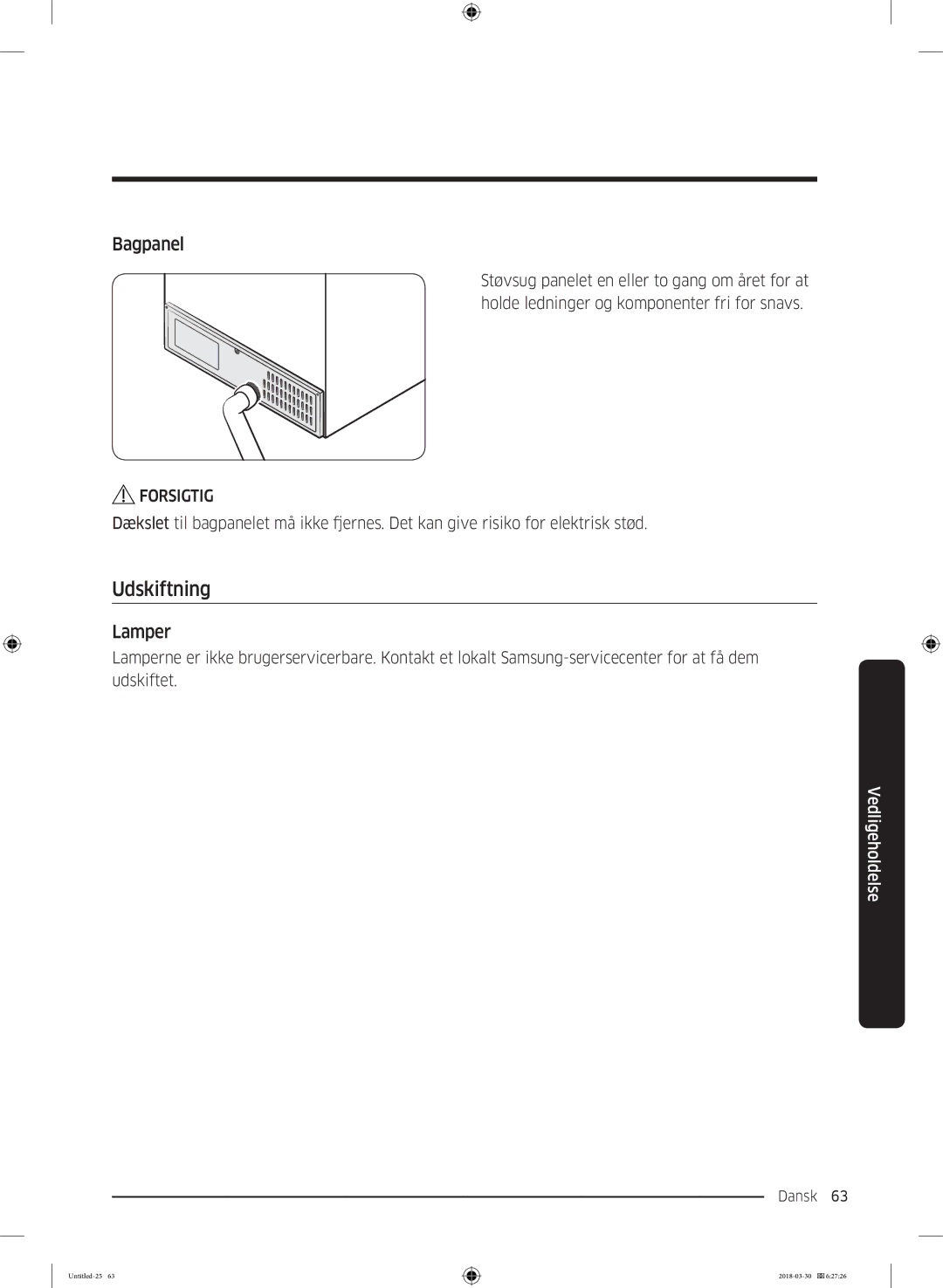 Samsung RS68N8231WW/EF, RS67N8210WW/EF, RS67N8210SL/EF, RS66N8100SL/EF, RS68N8231SL/EF manual Udskiftning, Bagpanel, Lamper 