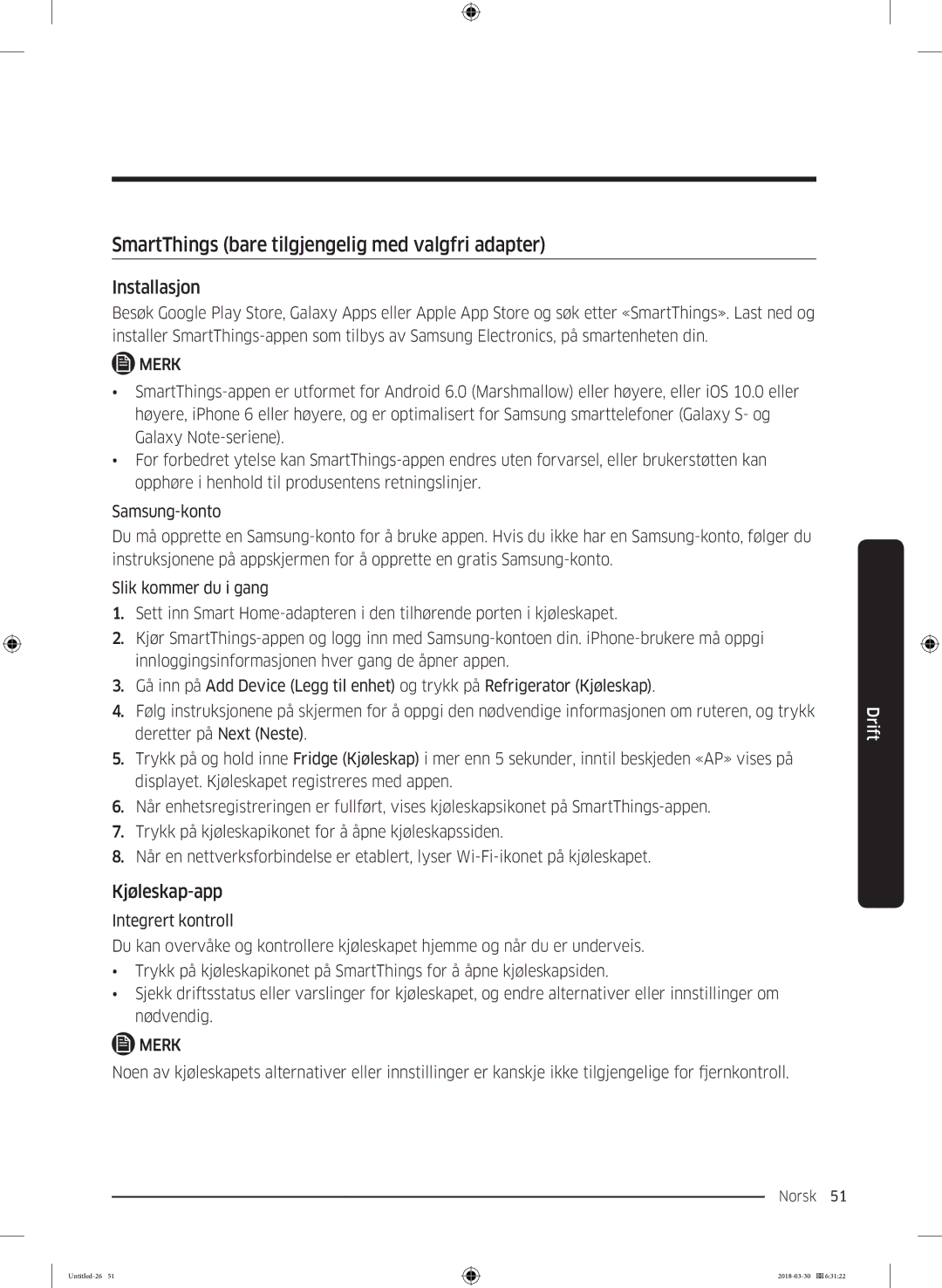 Samsung RS68N8231WW/EF, RS67N8210WW/EF, RS67N8210SL/EF SmartThings bare tilgjengelig med valgfri adapter, Kjøleskap-app 