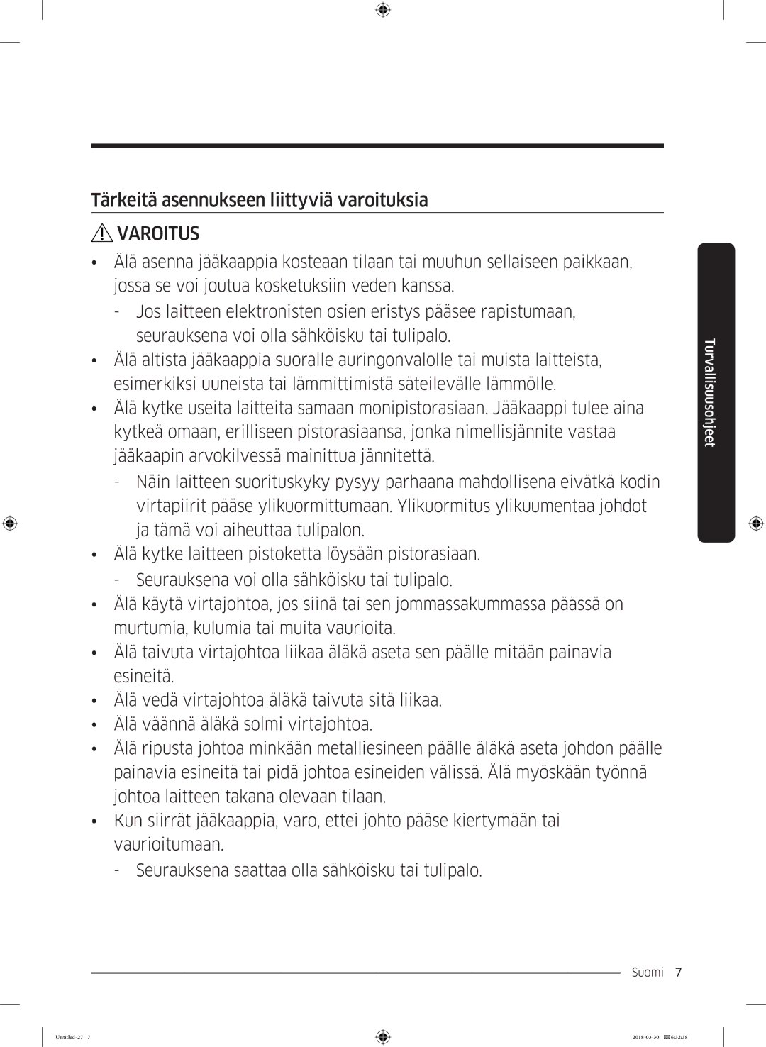 Samsung RS67N8210SL/EF, RS67N8210WW/EF, RS66N8100SL/EF, RS68N8231WW/EF manual Tärkeitä asennukseen liittyviä varoituksia 