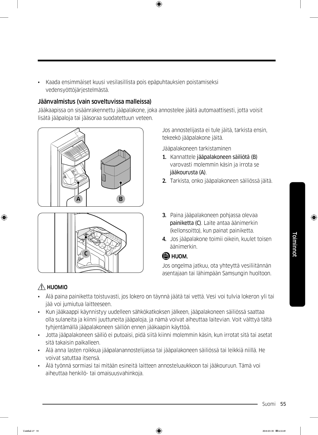 Samsung RS67N8210SL/EF, RS67N8210WW/EF, RS66N8100SL/EF, RS68N8231WW/EF manual Jäänvalmistus vain soveltuvissa malleissa 