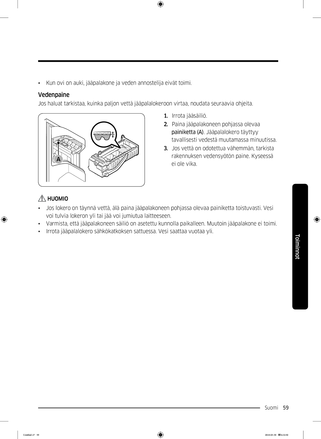 Samsung RS68N8231B1/EF, RS67N8210WW/EF, RS67N8210SL/EF, RS66N8100SL/EF, RS68N8231WW/EF, RS68N8231SL/EF manual Vedenpaine 