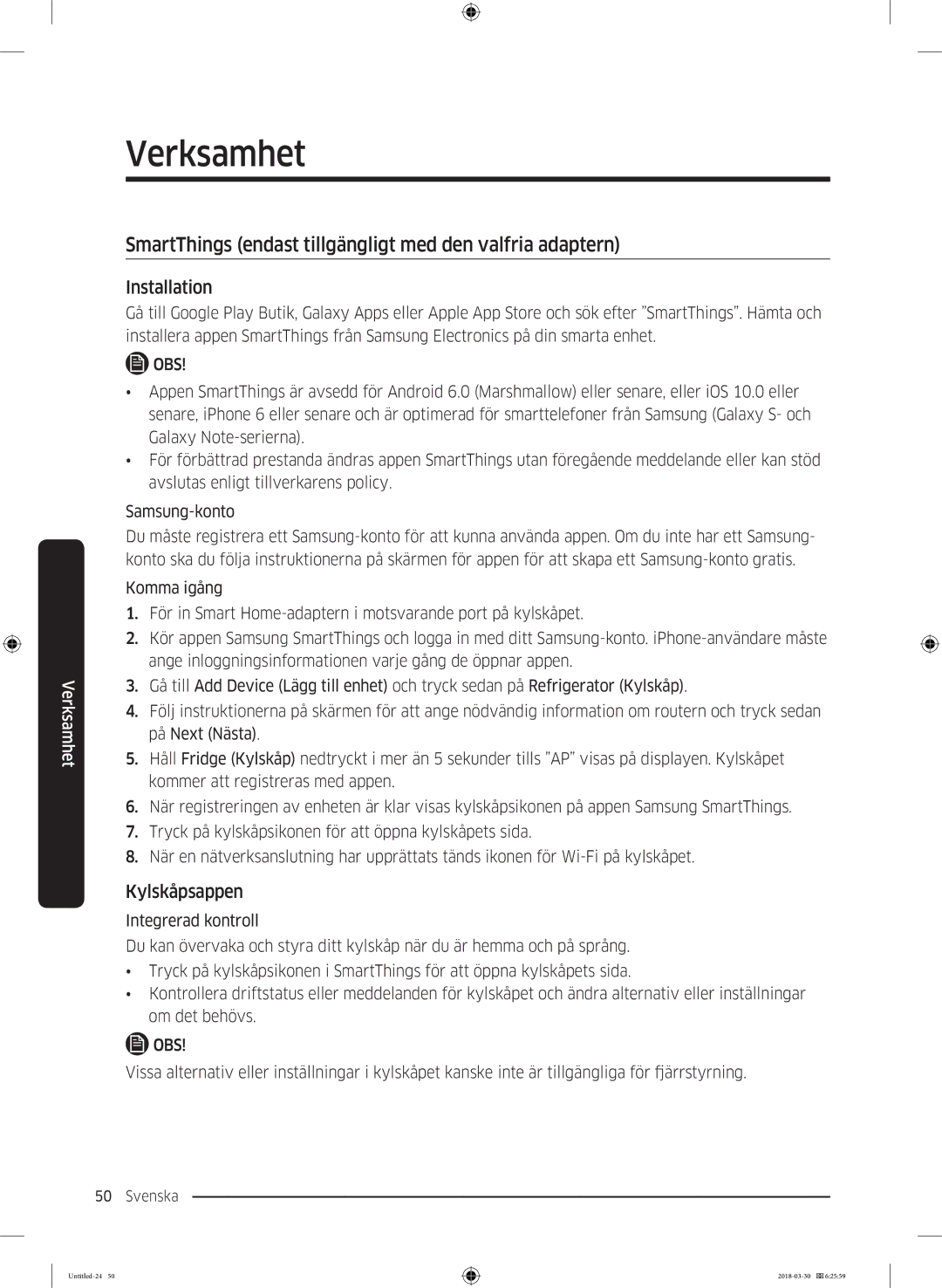 Samsung RS66N8100SL/EF, RS67N8210WW/EF manual SmartThings endast tillgängligt med den valfria adaptern, Kylskåpsappen 