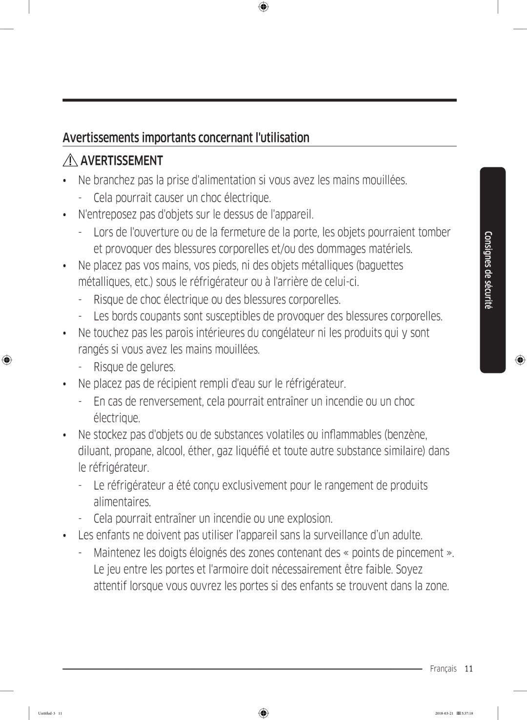 Samsung RS67N8210WW/EF, RS68N8240S9/EF, RS68N8320S9/EF, RS68N8240B1/EF Avertissements importants concernant lutilisation 