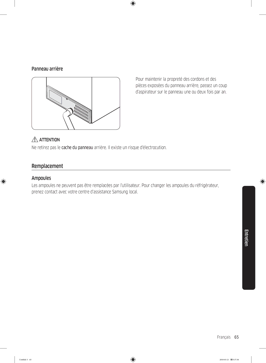 Samsung RS67N8210S9/EF, RS67N8210WW/EF, RS68N8240S9/EF, RS68N8320S9/EF manual Remplacement, Panneau arrière, Ampoules 