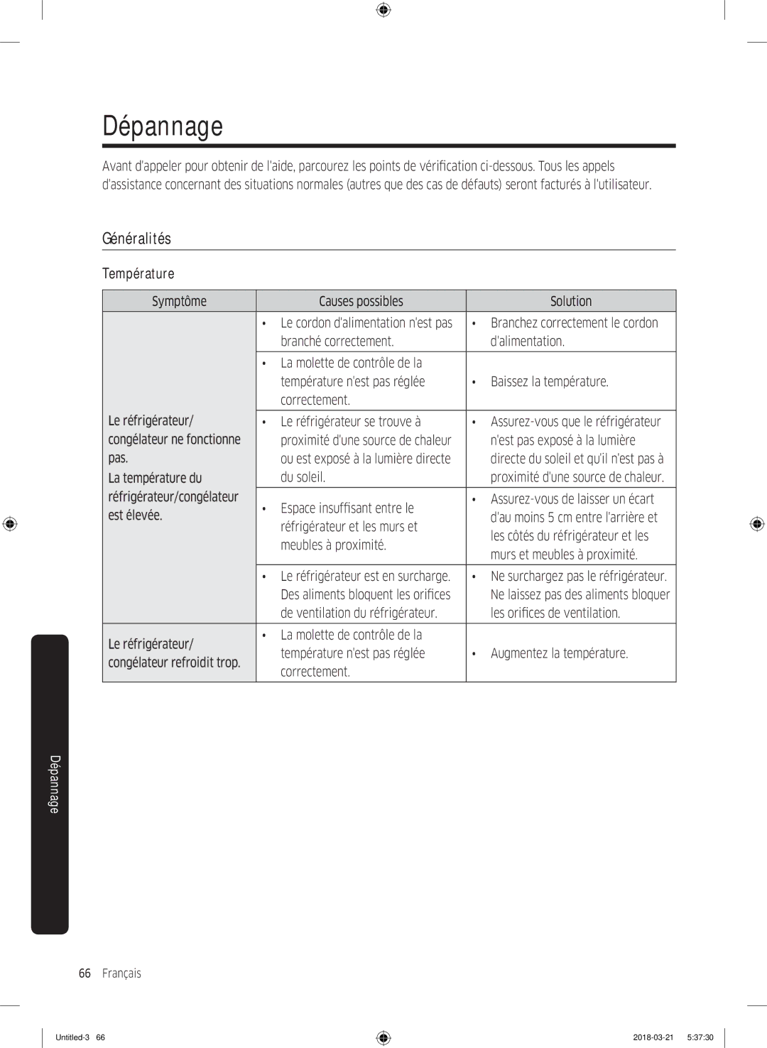 Samsung RS67N8210WW/EF manual Généralités, Température, Nest pas exposé à la lumière, Pas, La température du Du soleil 