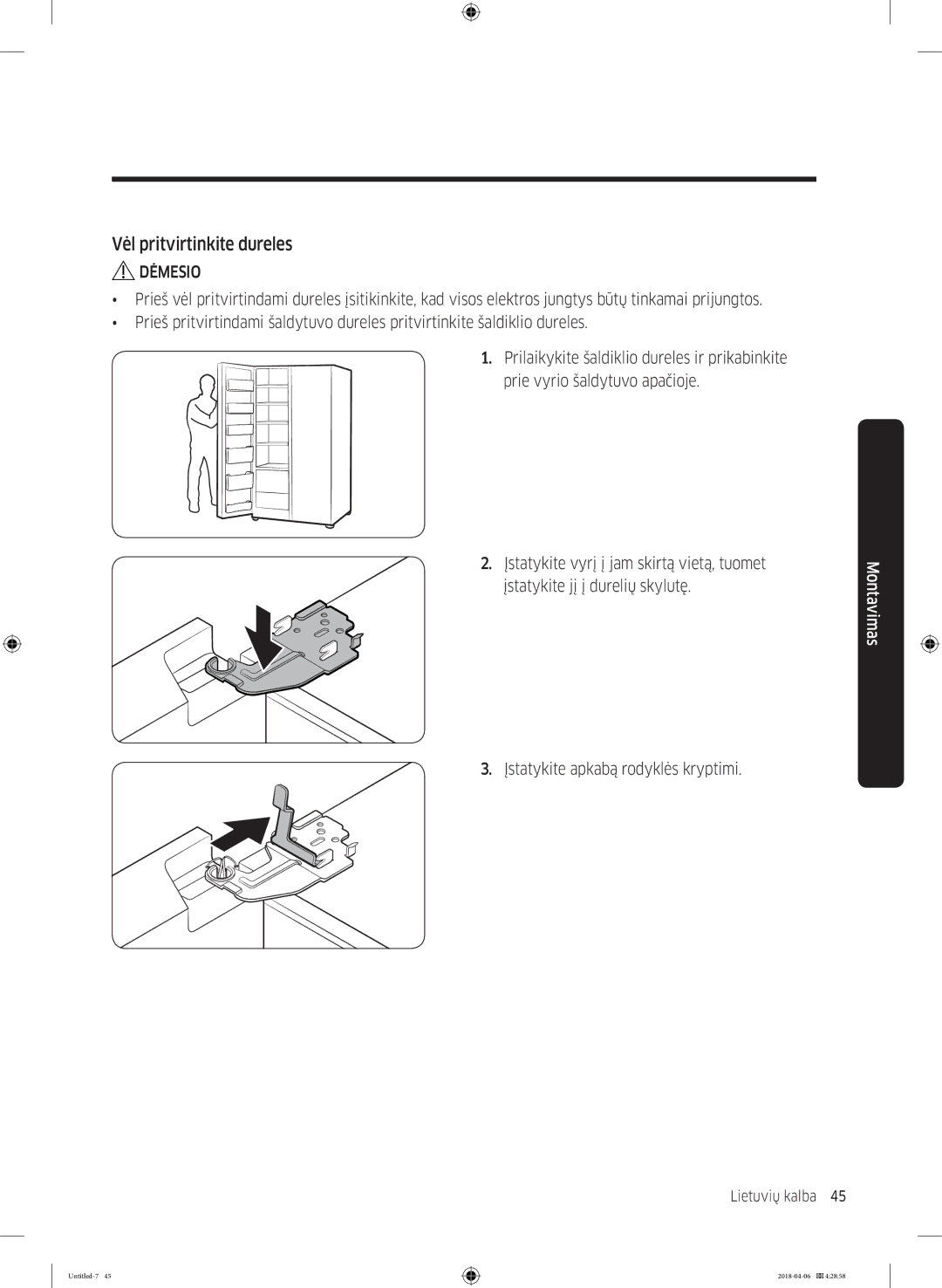 Samsung RS68N8231S9/EF manual Vėl pritvirtinkite dureles 