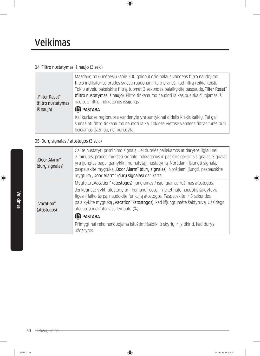 Samsung RS68N8231S9/EF manual Durų signalas, Mygtuką „Door Alarm durų signalas dar kartą, „Vacation, Uždarytos 