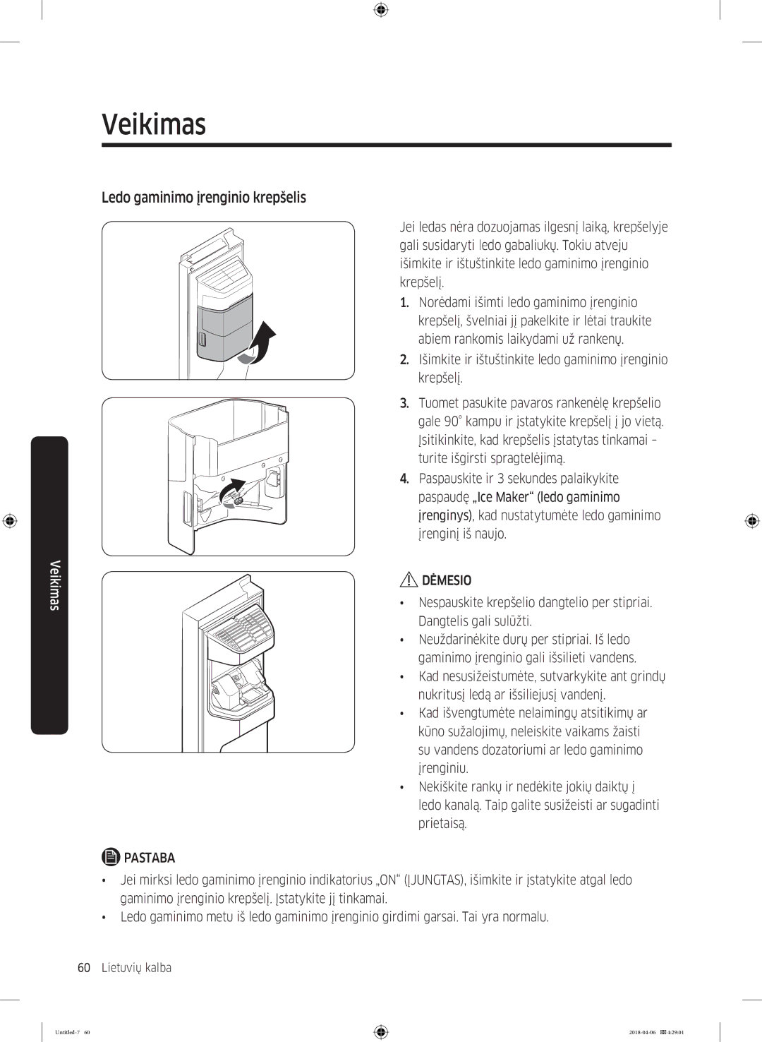 Samsung RS68N8231S9/EF manual Ledo gaminimo įrenginio krepšelis, Išimkite ir ištuštinkite ledo gaminimo įrenginio krepšelį 