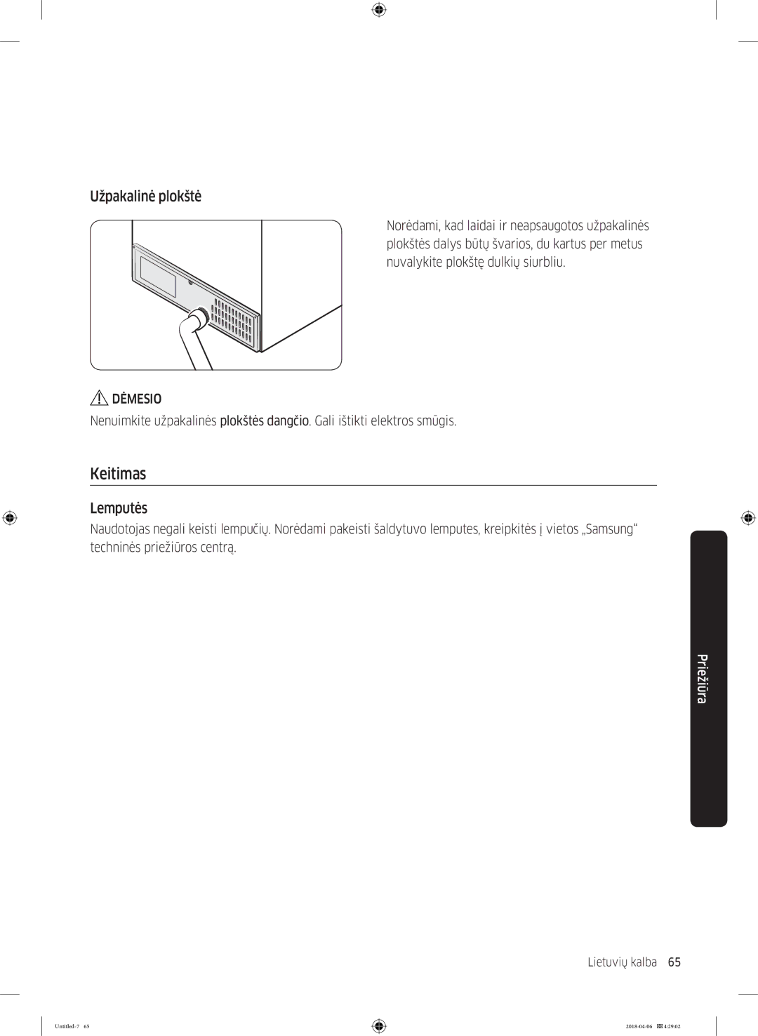 Samsung RS68N8231S9/EF manual Keitimas, Užpakalinė plokštė, Lemputės 