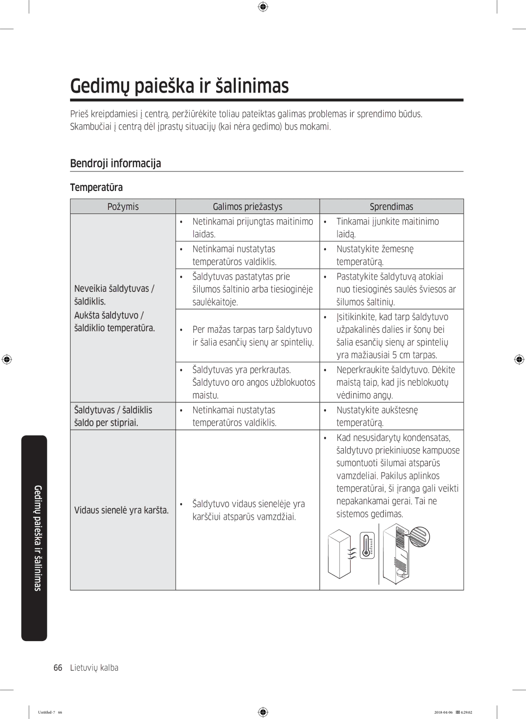 Samsung RS68N8231S9/EF manual Gedimų paieška ir šalinimas, Bendroji informacija, Temperatūra 