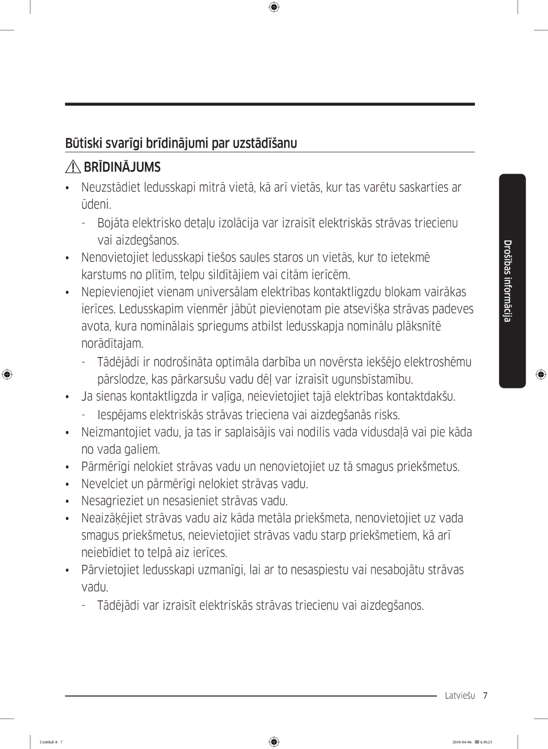 Samsung RS68N8231S9/EF manual Būtiski svarīgi brīdinājumi par uzstādīšanu 