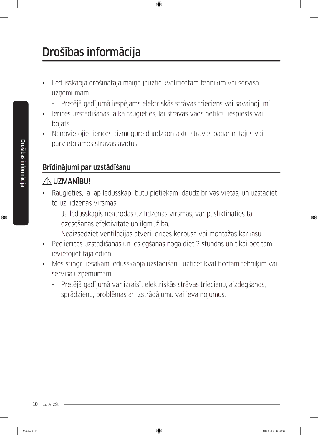 Samsung RS68N8231S9/EF manual Brīdinājumi par uzstādīšanu 