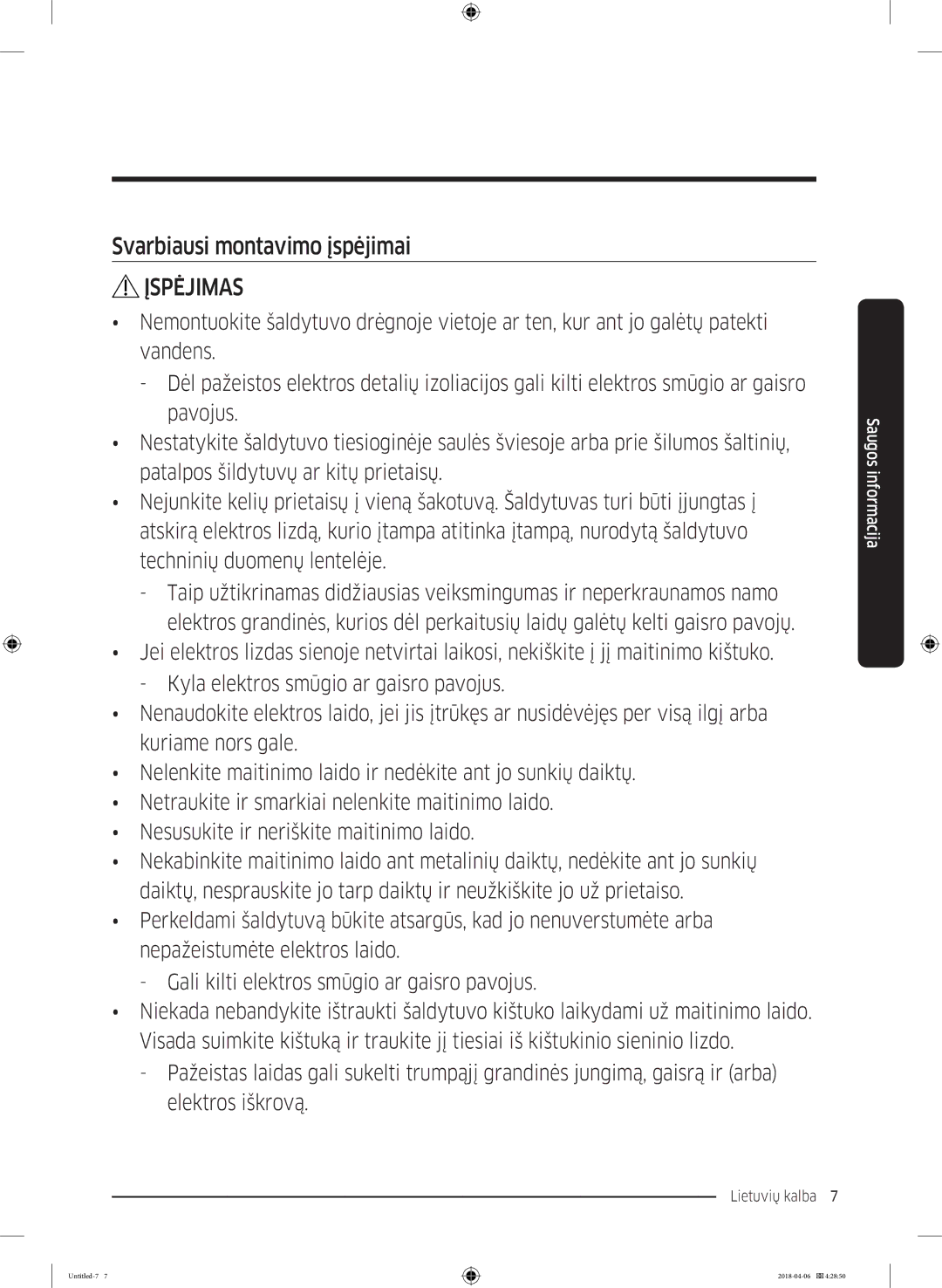 Samsung RS68N8231S9/EF manual Svarbiausi montavimo įspėjimai 