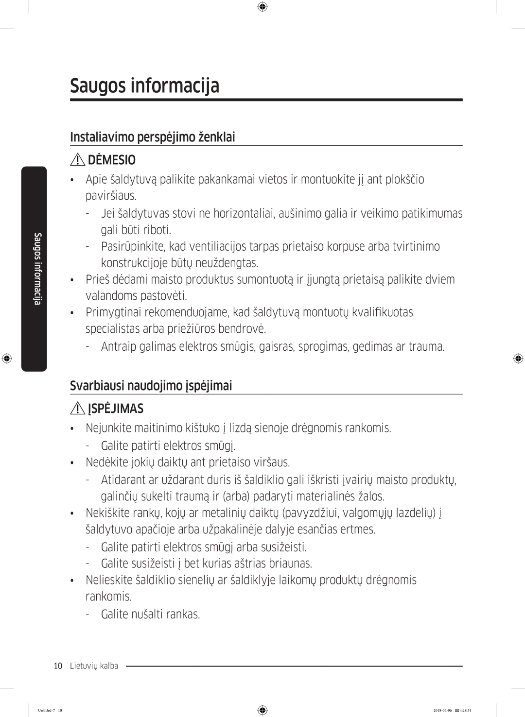 Samsung RS68N8231S9/EF manual Instaliavimo perspėjimo ženklai 