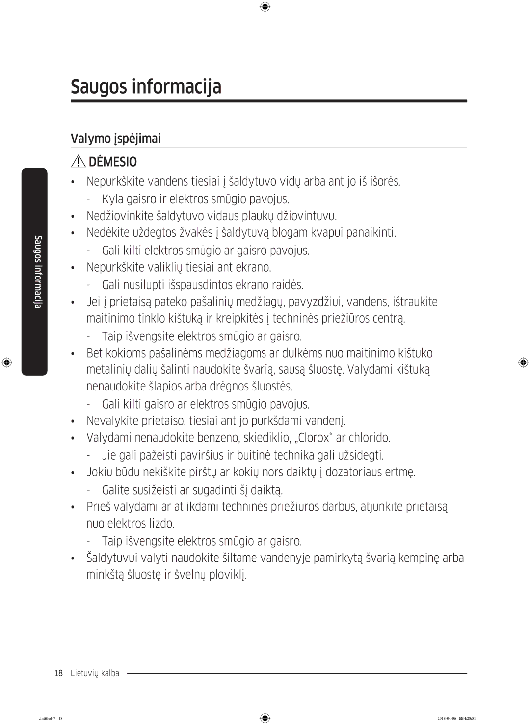 Samsung RS68N8231S9/EF manual Valymo įspėjimai 