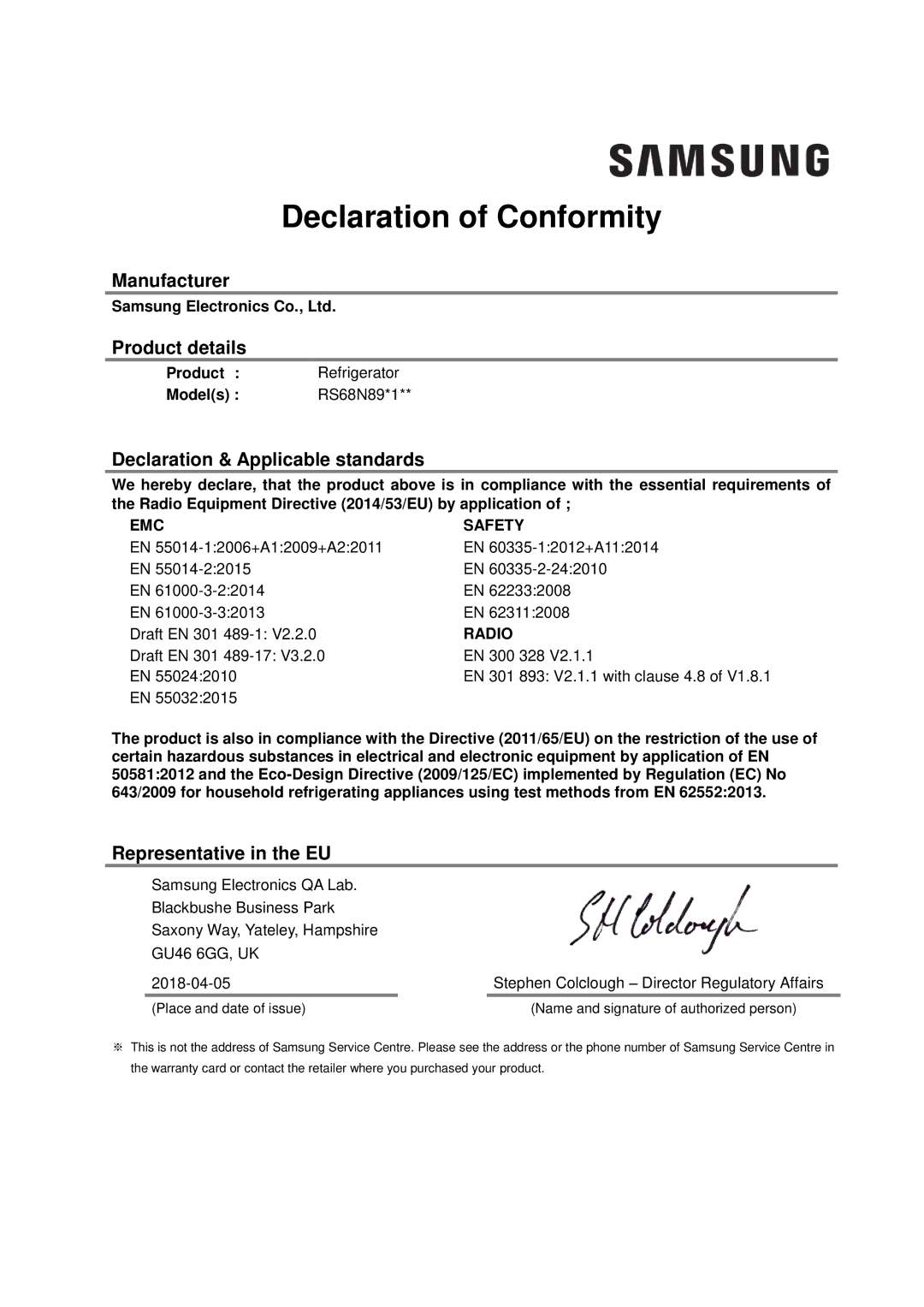 Samsung RS68N8941SL/EF manual Declaration of Conformity, Manufacturer Product details, Declaration & Applicable standards 