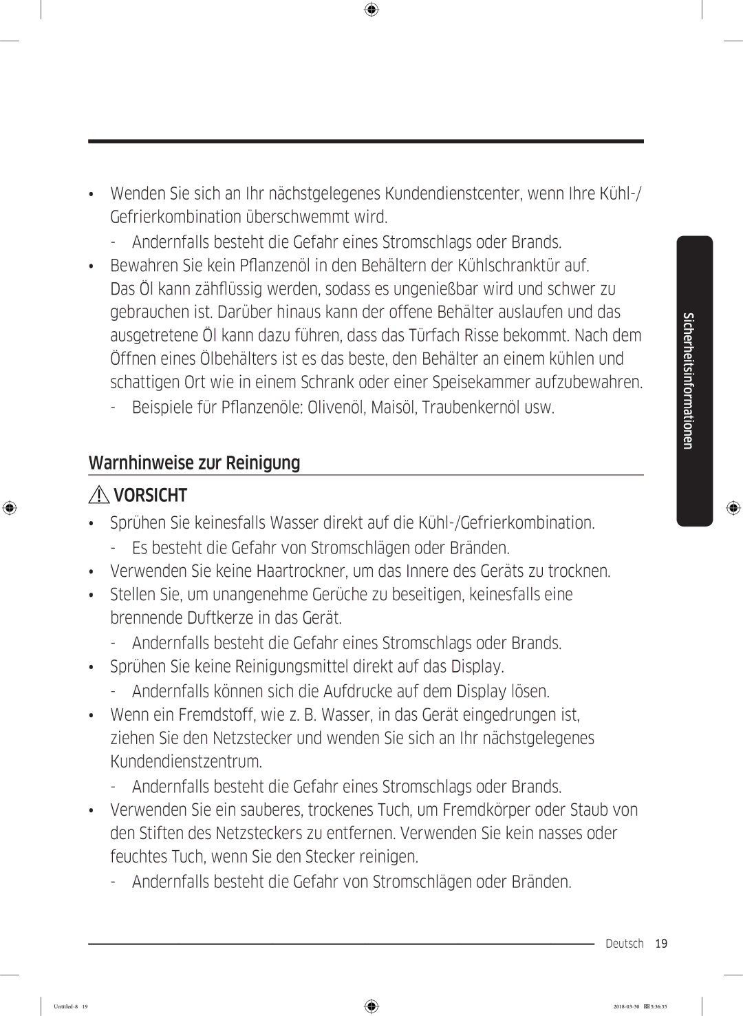 Samsung RS6GN8221S9/EG, RS6GN8321B1/EG, RS6JN8211S9/EG, RS6GN8231S9/EG, RS6GN8221SL/EG manual Warnhinweise zur Reinigung 