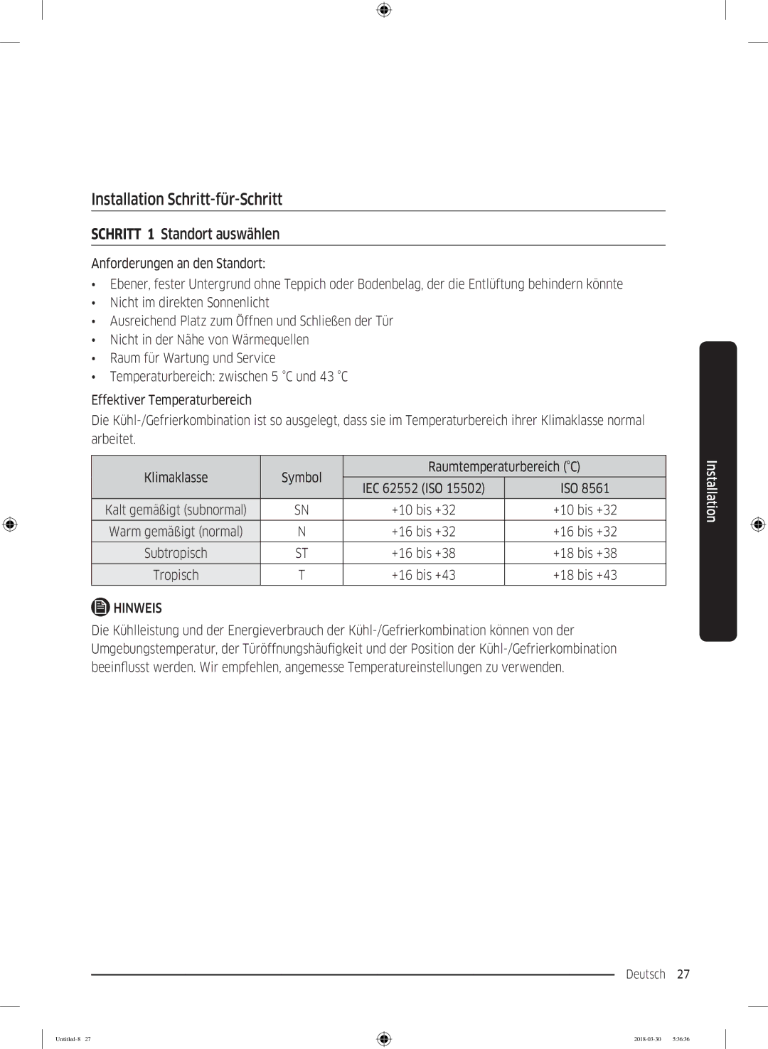 Samsung RS6GN8321B1/EG, RS6GN8221S9/EG, RS6JN8211S9/EG manual Installation Schritt-für-Schritt, Schritt 1 Standort auswählen 