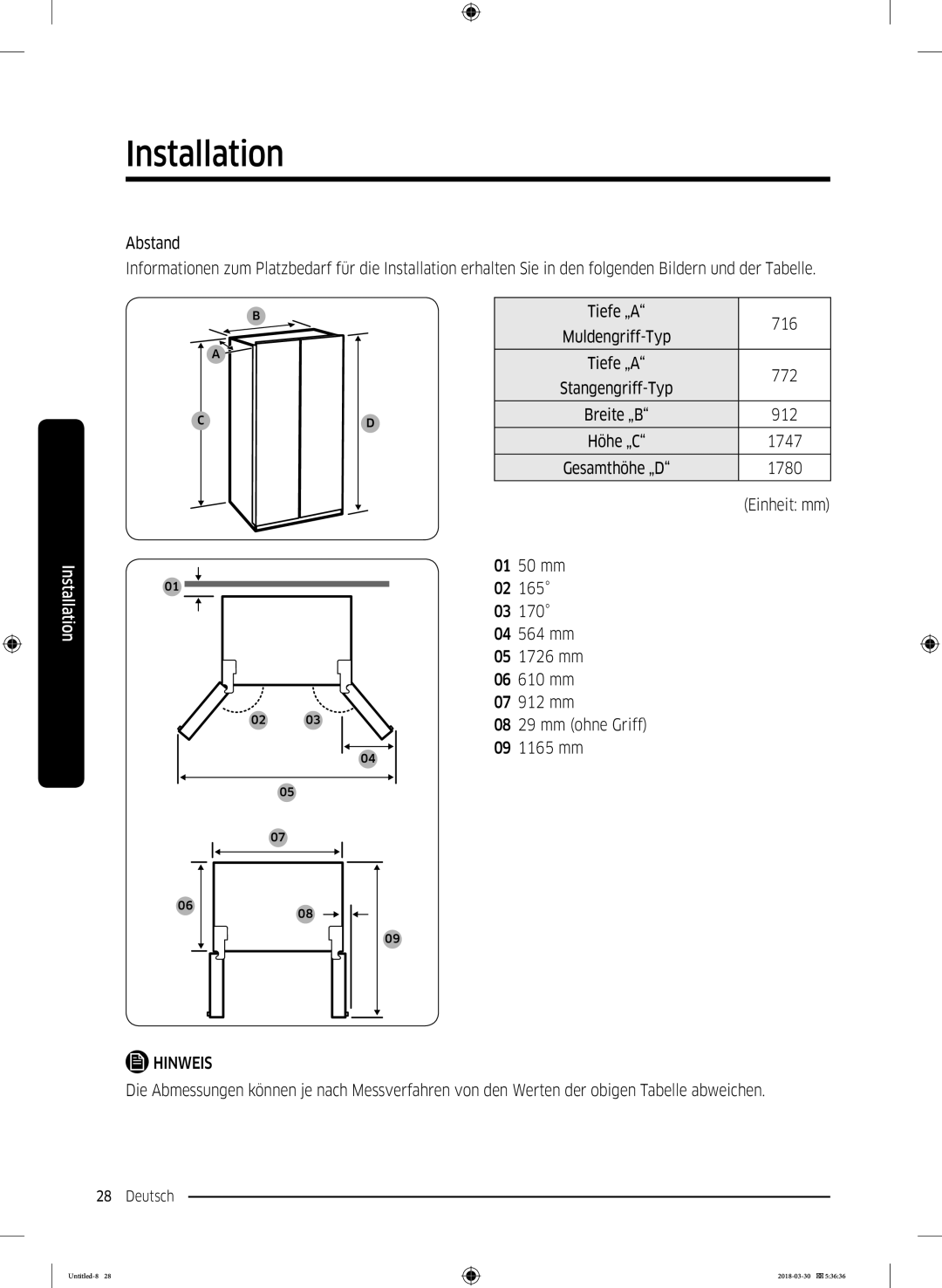 Samsung RS6GN8221S9/EG, RS6GN8321B1/EG, RS6JN8211S9/EG, RS6GN8231S9/EG, RS6GN8221SL/EG manual Tiefe „A 716 Muldengriff-Typ 772 