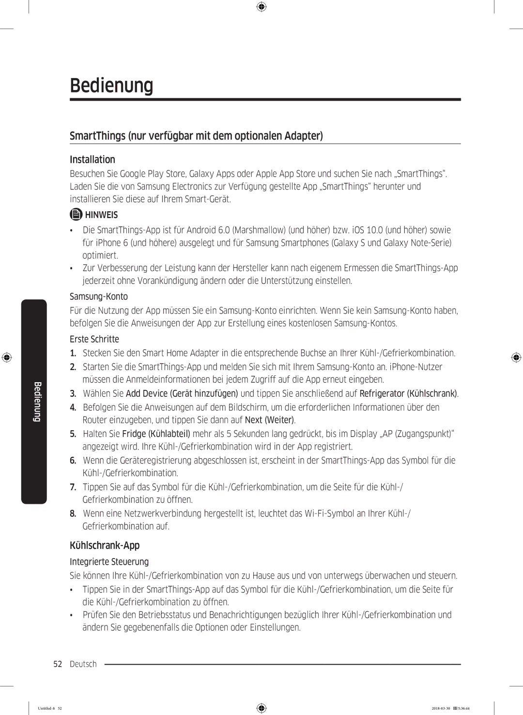 Samsung RS6GN8331SL/EG, RS6GN8321B1/EG manual SmartThings nur verfügbar mit dem optionalen Adapter, Kühlschrank-App 
