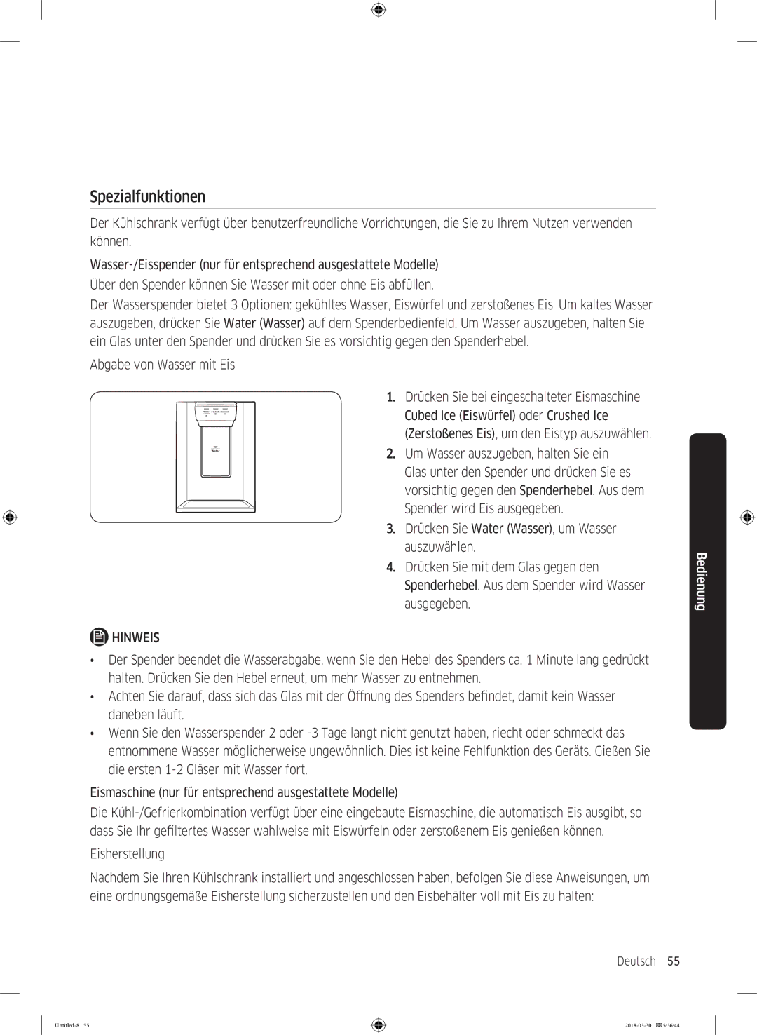 Samsung RS6GN8221S9/EG, RS6GN8321B1/EG, RS6JN8211S9/EG, RS6GN8231S9/EG manual Spezialfunktionen, Abgabe von Wasser mit Eis 