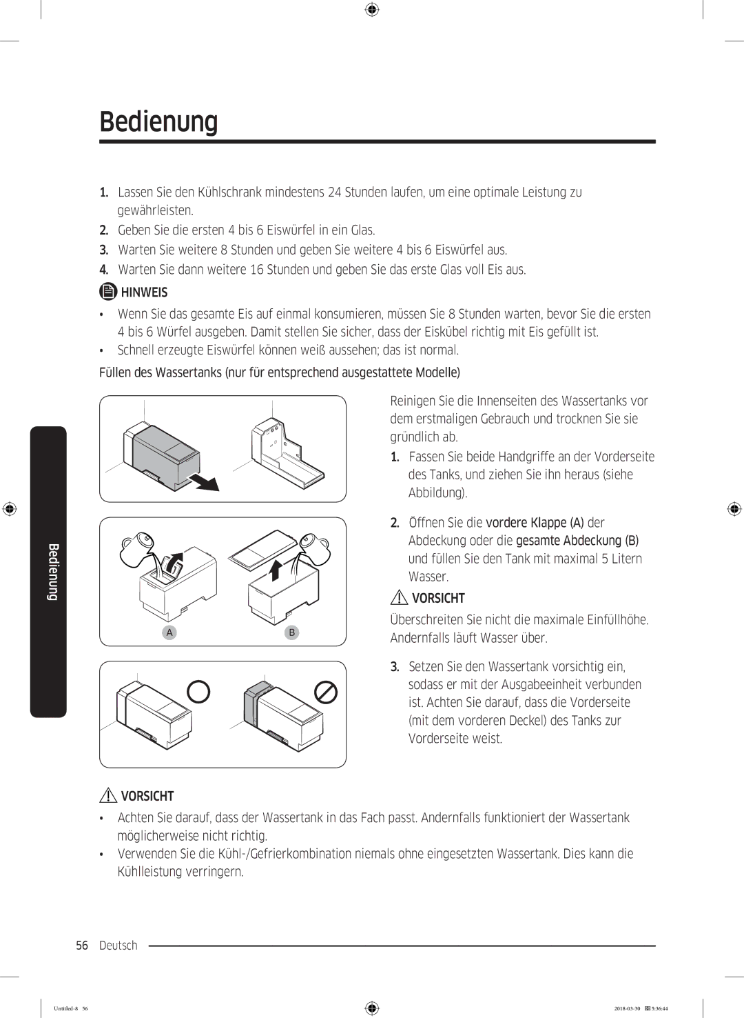 Samsung RS6JN8211S9/EG, RS6GN8321B1/EG, RS6GN8221S9/EG, RS6GN8231S9/EG manual Überschreiten Sie nicht die maximale Einfüllhöhe 