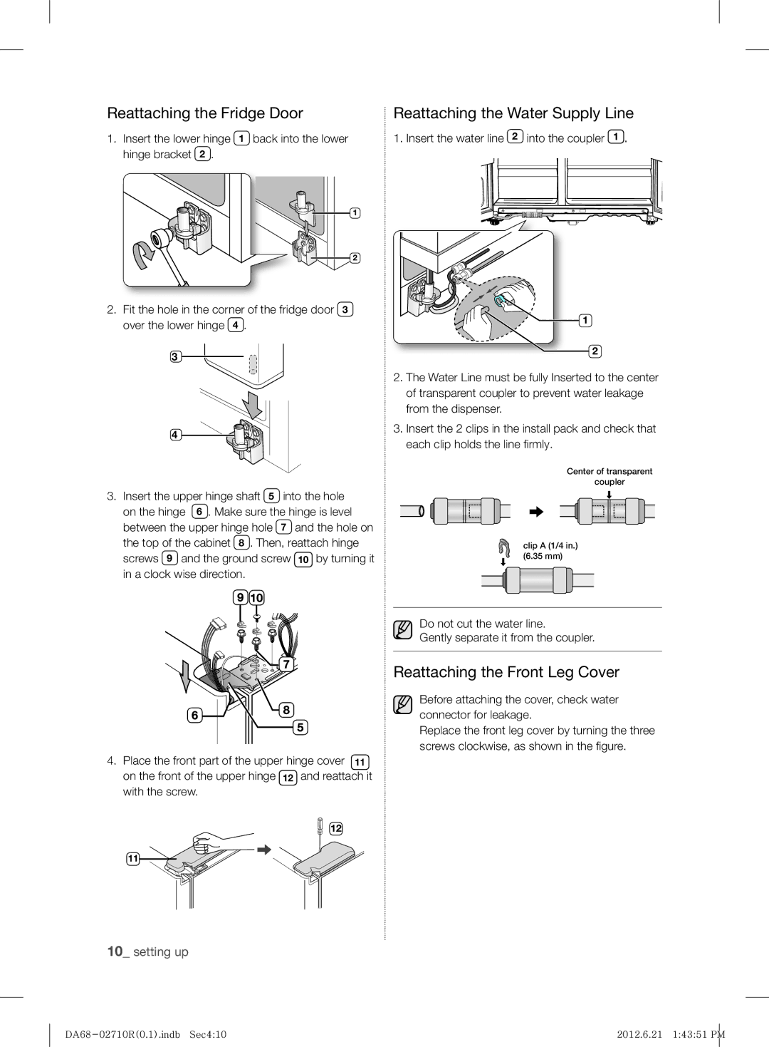 Samsung RS7* user manual Reattaching the Front Leg Cover 