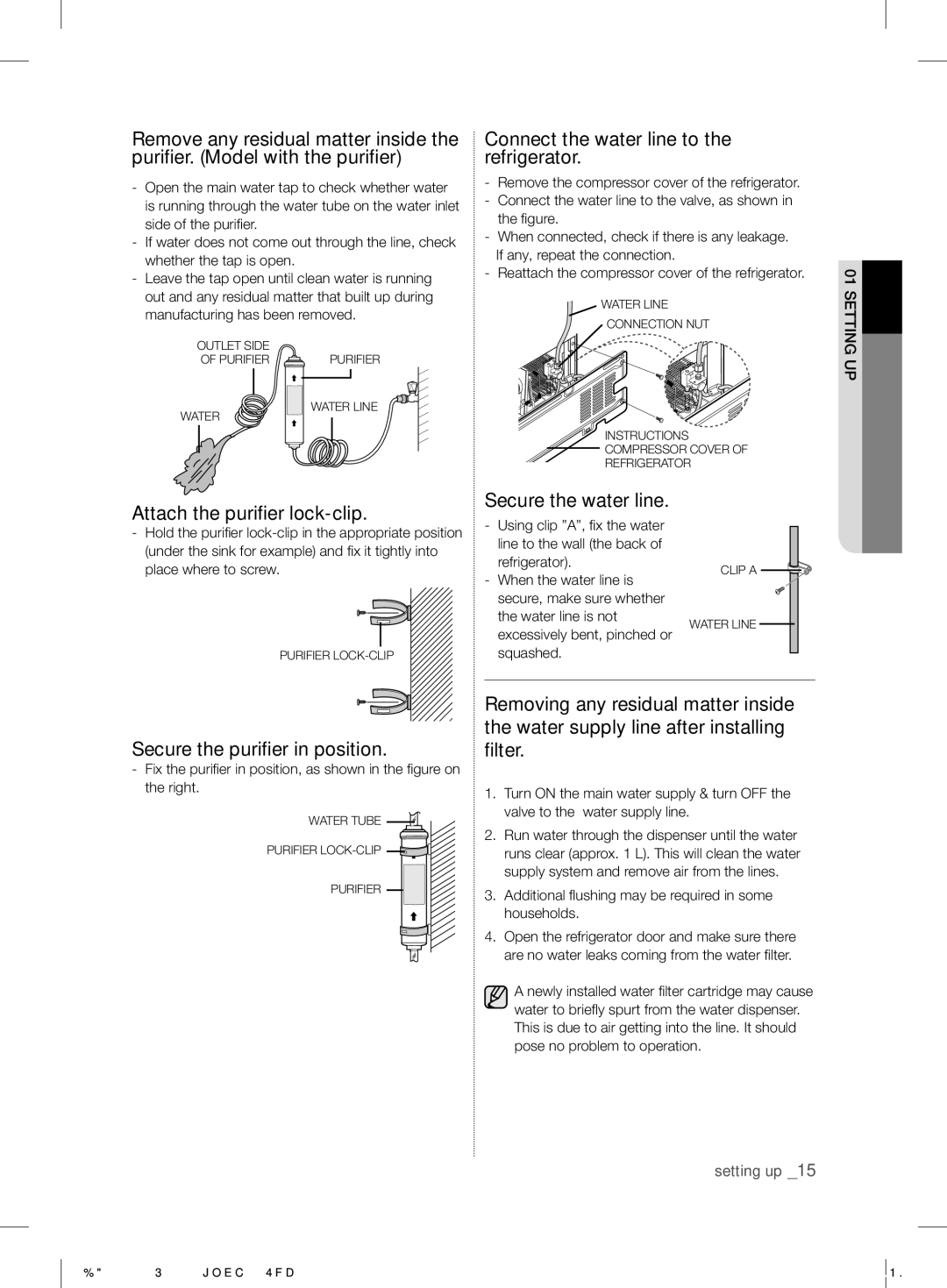 Samsung RS7* user manual Connect the water line to the refrigerator, Attach the puriﬁer lock-clip, Secure the water line 