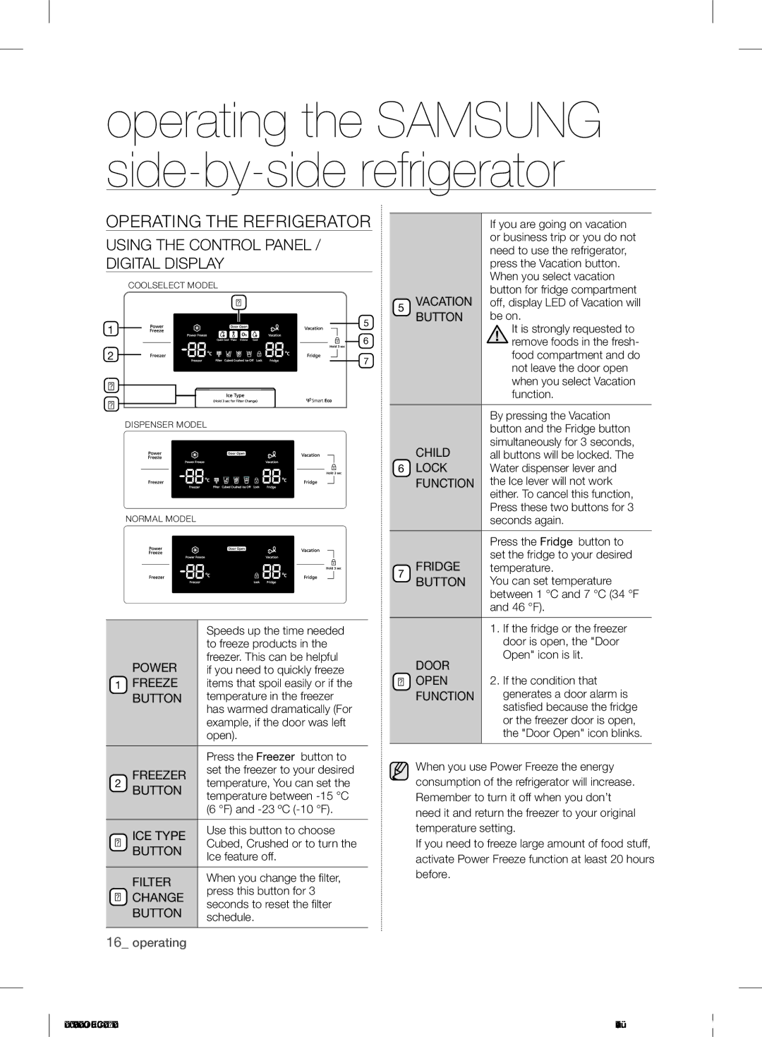 Samsung RS7* user manual Operating the Refrigerator, Using the Control Panel / Digital Display 