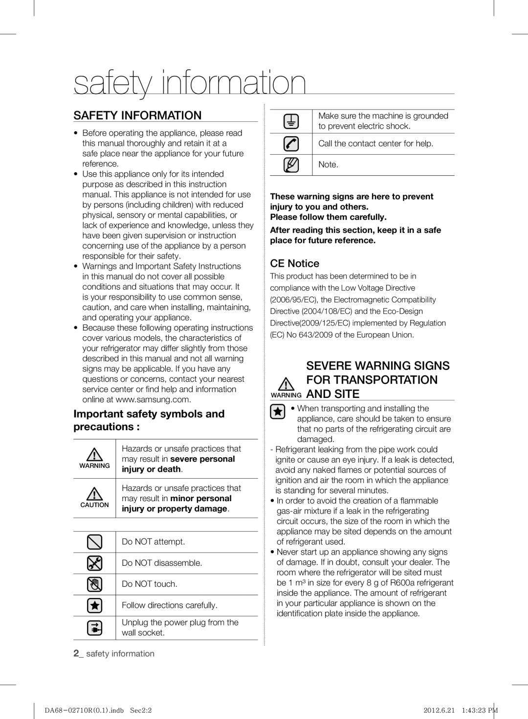 Samsung RS7* user manual Safety information, Safety Information, Severe Warning Signs for Transportation, CE Notice 