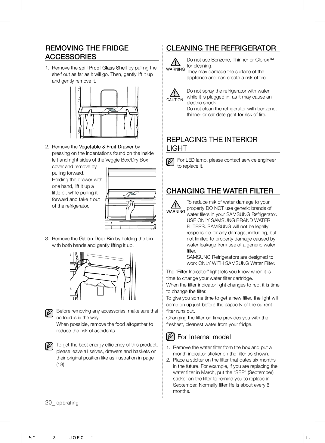 Samsung RS7* Removing the Fridge Accessories, Cleaning the Refrigerator, Replacing the Interior Light, For Internal model 